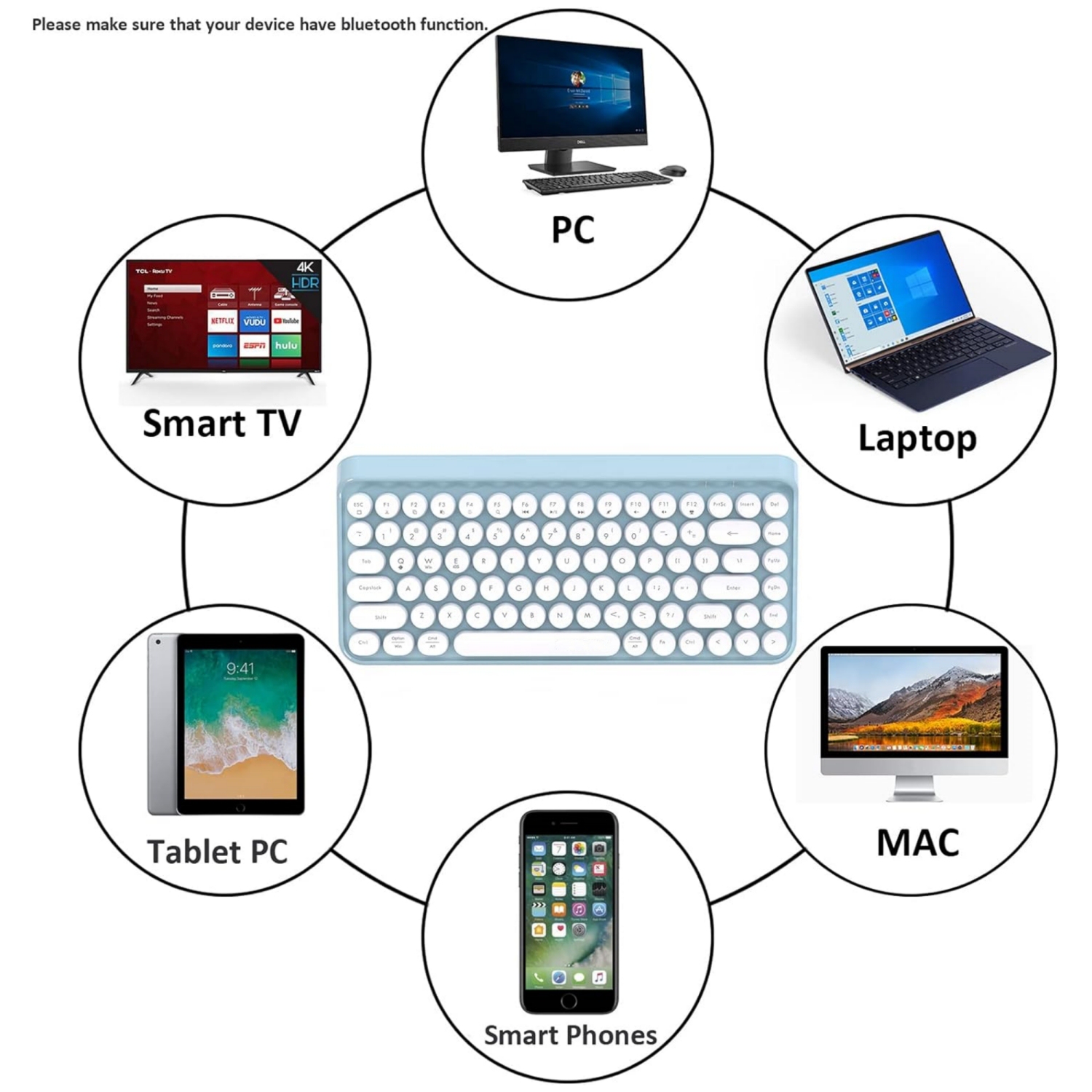 Portable Bluetooth Colorful Computer Keyboards, Wireless Mini Compact Retro Typewriter Flexible 84 Keys Design Keyboard, Blue White