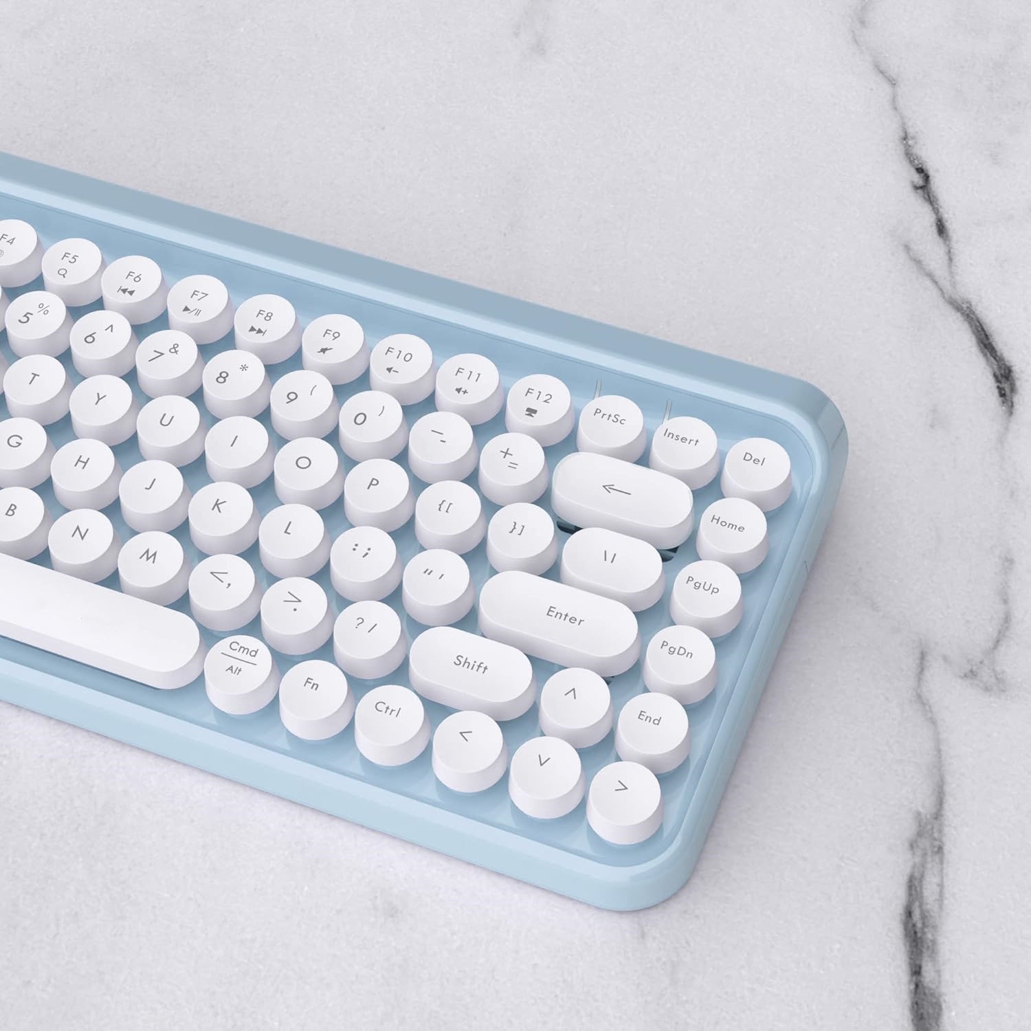 Portable Bluetooth Colorful Computer Keyboards, Wireless Mini Compact Retro Typewriter Flexible 84 Keys Design Keyboard, Blue White