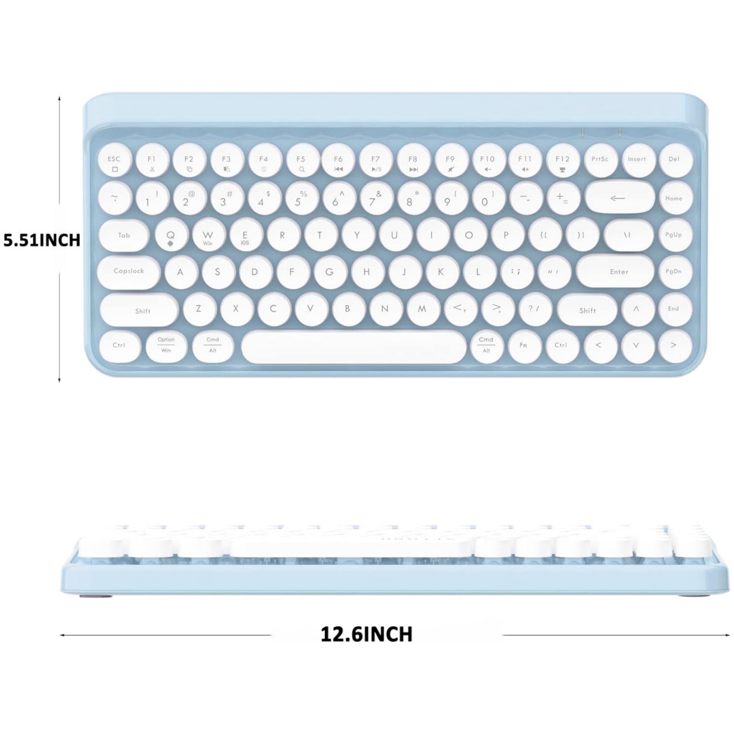 Portable Bluetooth Colorful Computer Keyboards, Wireless Mini Compact Retro Typewriter Flexible 84 Keys Design Keyboard, Blue White