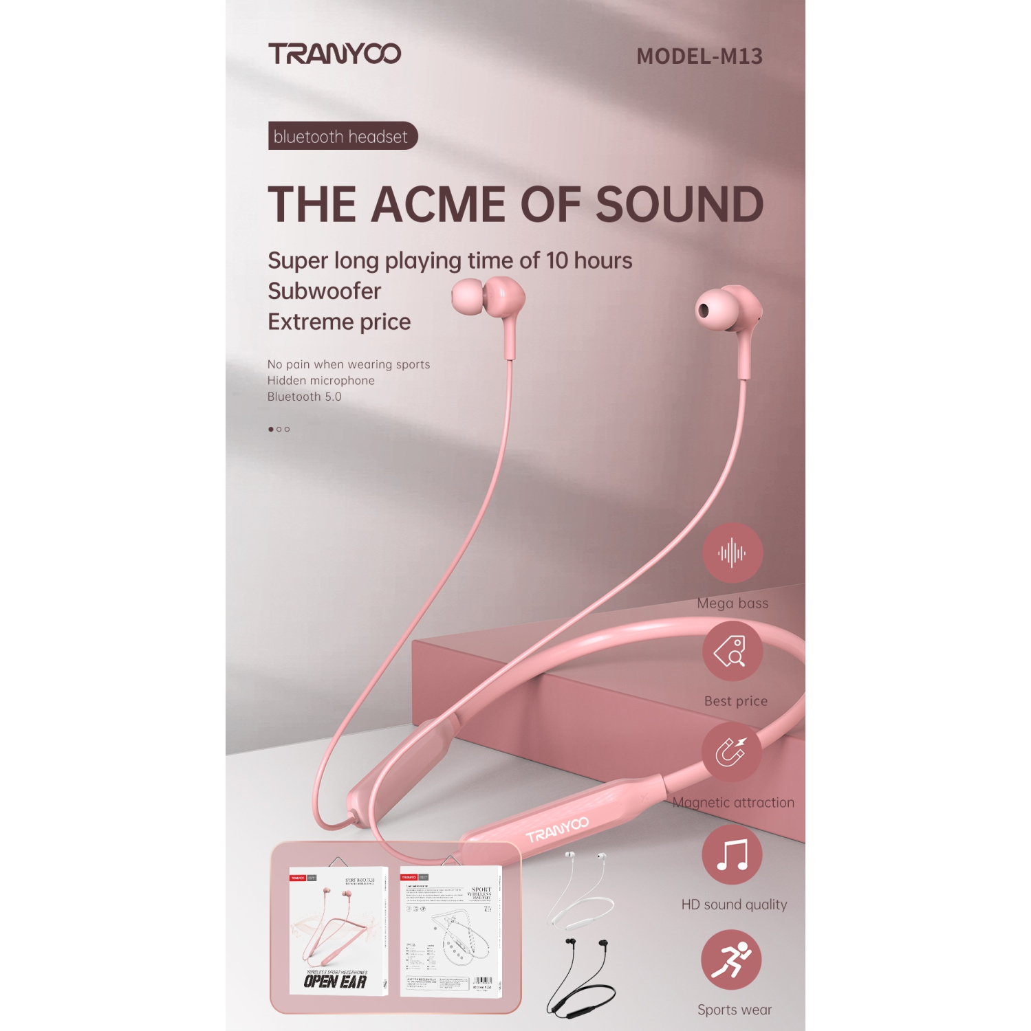 Écouteurs bouton sans fil Bluetooth M13 de TRANYOO résistants à la transpiration et à la transpiration