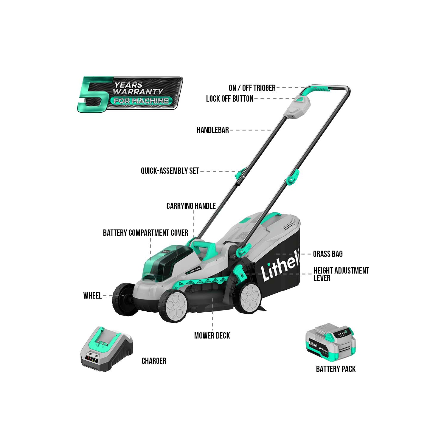 Tondeuse sans fil Litheli, 13 po, 5 hauteurs, tondeuse à batterie 20&nbsp;V pour le jardin, la cour et la ferme, batterie 4,0&nbsp;Ah et chargeur