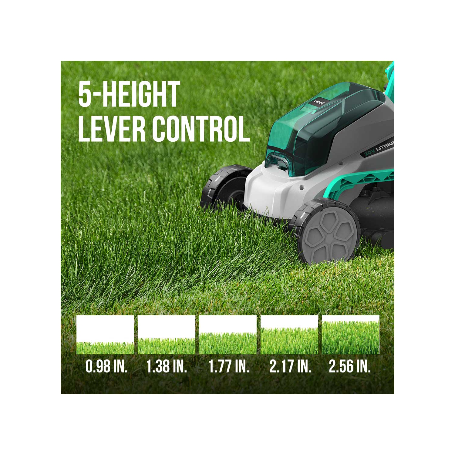 Tondeuse sans fil Litheli, 13 po, 5 hauteurs, tondeuse à batterie 20&nbsp;V pour le jardin, la cour et la ferme, batterie 4,0&nbsp;Ah et chargeur