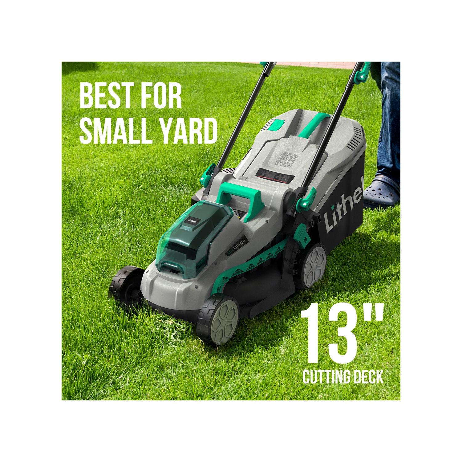 Tondeuse sans fil Litheli, 13 po, 5 hauteurs, tondeuse à batterie 20&nbsp;V pour le jardin, la cour et la ferme, batterie 4,0&nbsp;Ah et chargeur