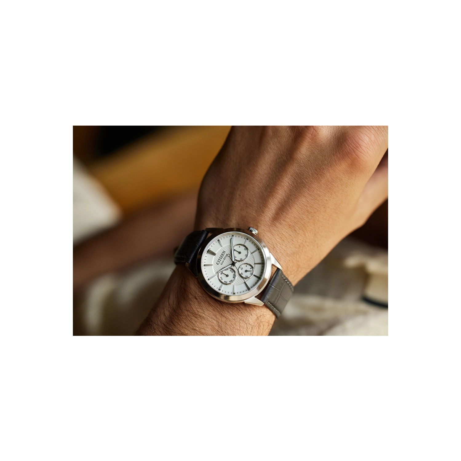 Citizen Mens Rolan Eco-Drive Watch 40mm Silver-Tone Stainless Steel Case Grey Leather Strap with Silver-Tone Dial