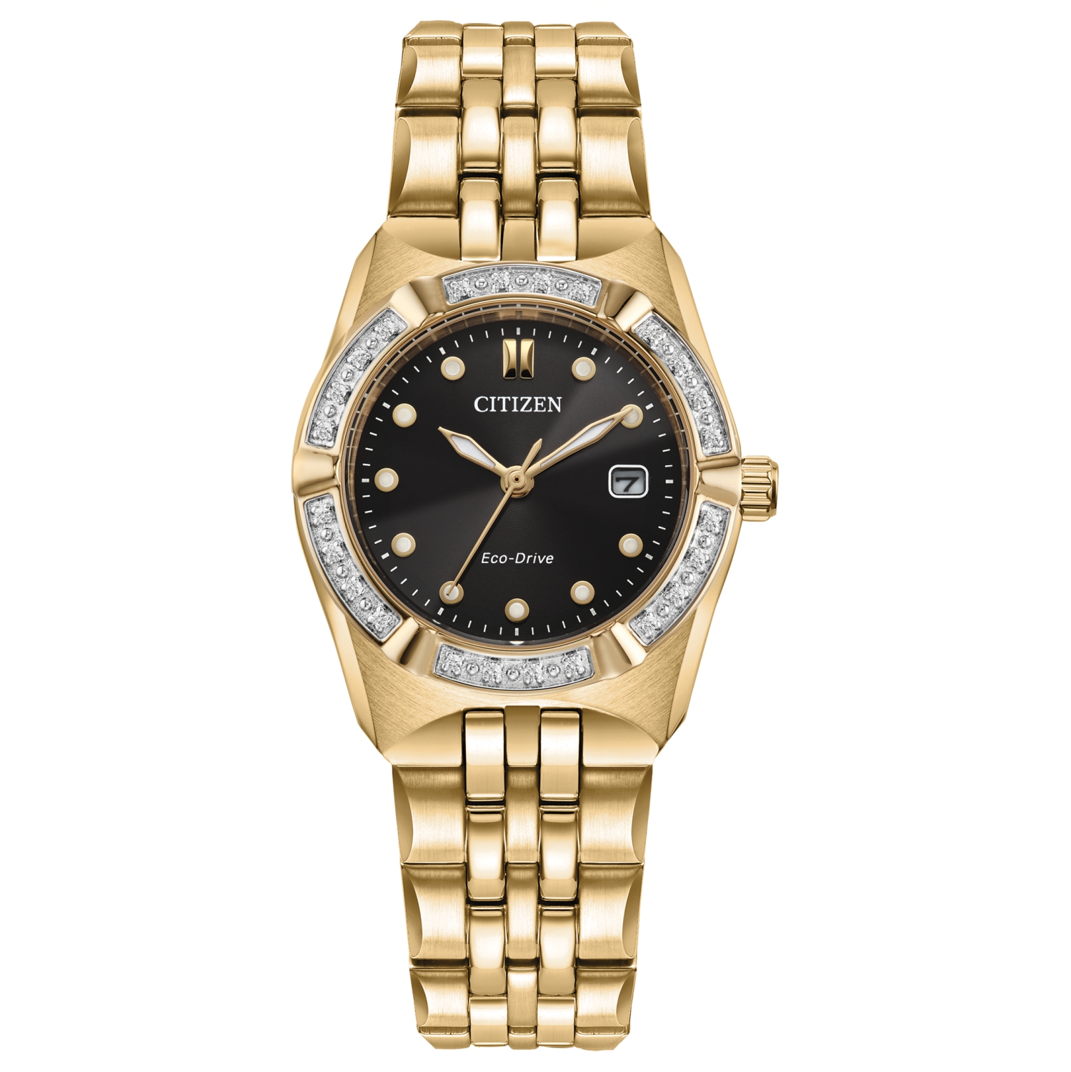 Montre pour femmes Corso Eco-Drive 28&nbsp;mm avec boîtier et bracelet en acier inoxydable doré avec cadran noir de Citizen