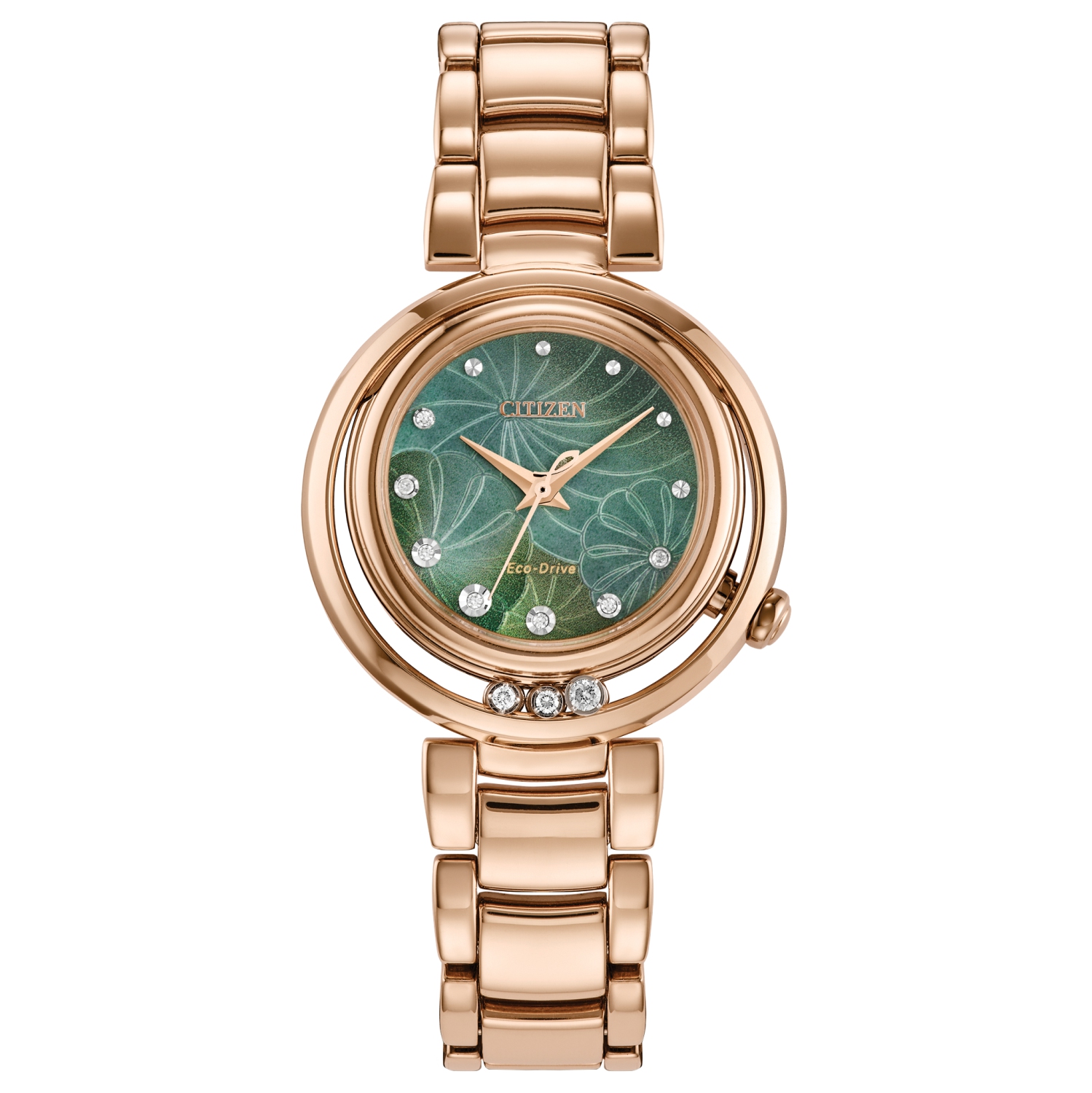 Montre pour femmes L Arcly Eco-Drive de Citizen 29,8&nbsp;mm avec boîtier et bracelet en acier inoxydable rose doré et cadran vert
