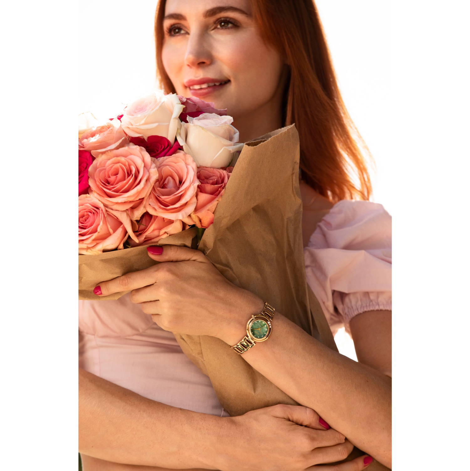 Montre pour femmes L Arcly Eco-Drive de Citizen 29,8&nbsp;mm avec boîtier et bracelet en acier inoxydable rose doré et cadran vert