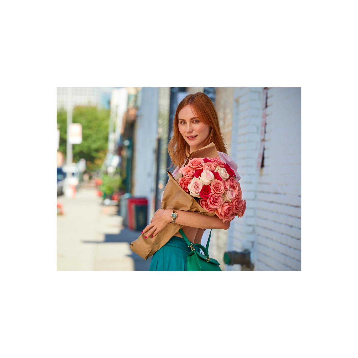 Montre pour femmes L Arcly Eco-Drive de Citizen 29,8&nbsp;mm avec boîtier et bracelet en acier inoxydable rose doré et cadran vert