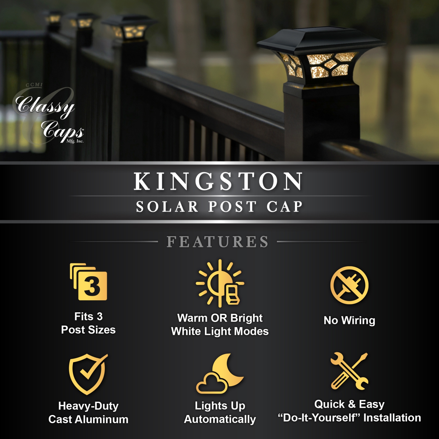 Classy Caps Kingston Black Dual Lighted Solar Post Cap SLZ332B