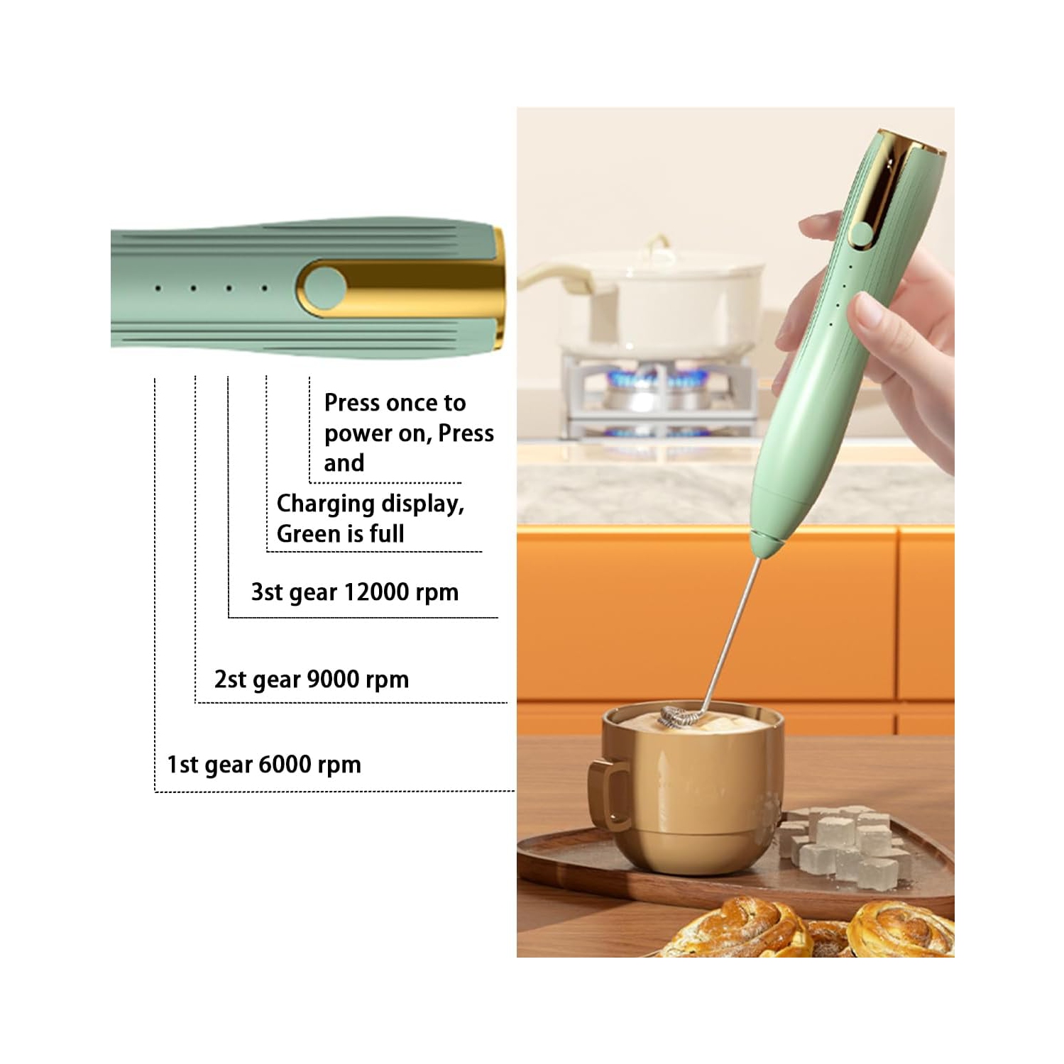 Electric Milk Frother Handheld with 2 Stainless Whisks 3 Adjustable Speeds, Mousseur à Lait Electric Whisk Foam Maker for Cappuccino,Latte, Coffee