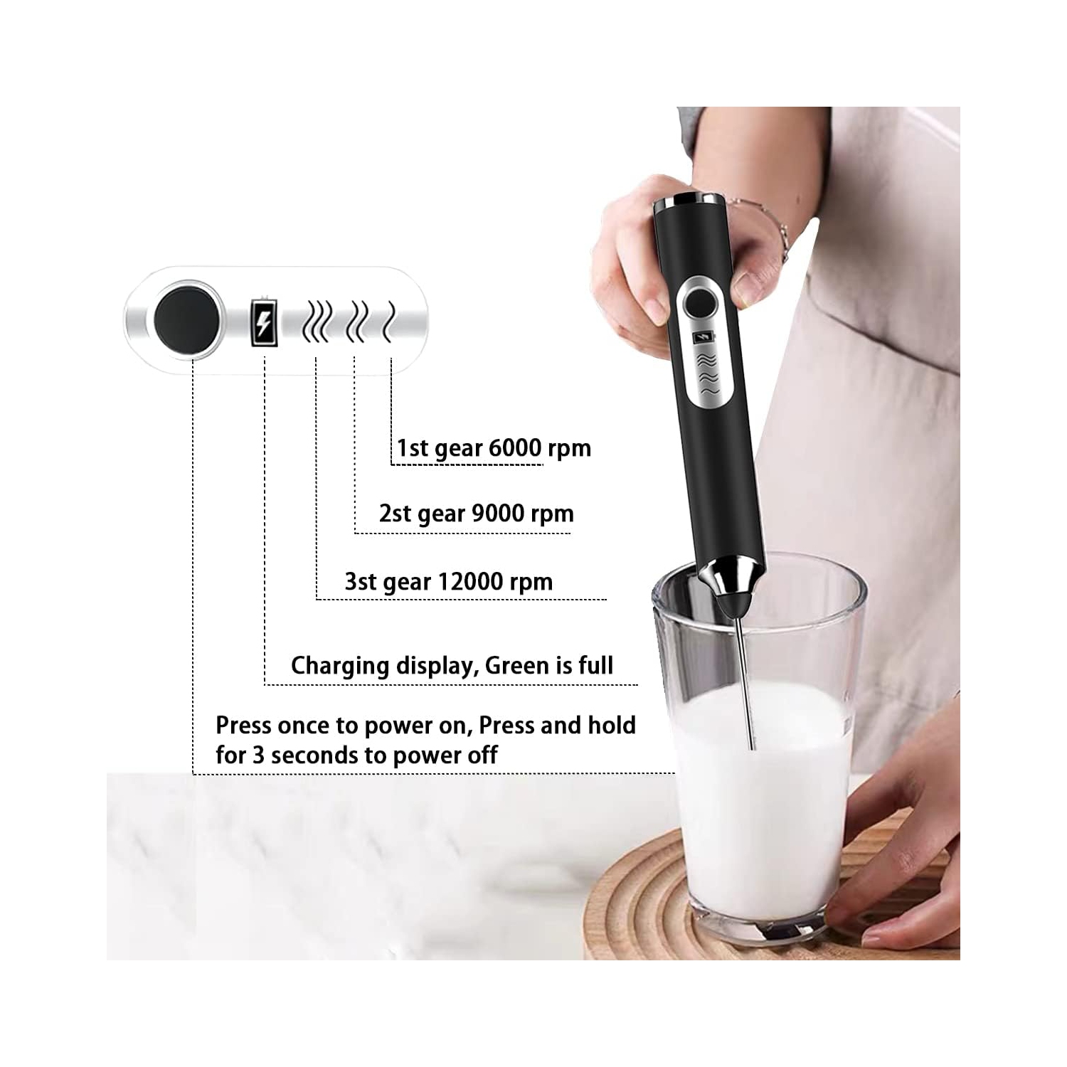 Moussoir à lait électrique à main avec 2 fouets en acier inoxydable 3 vitesses réglables, distributeur à lait électrique Whisk Foam Maker pour