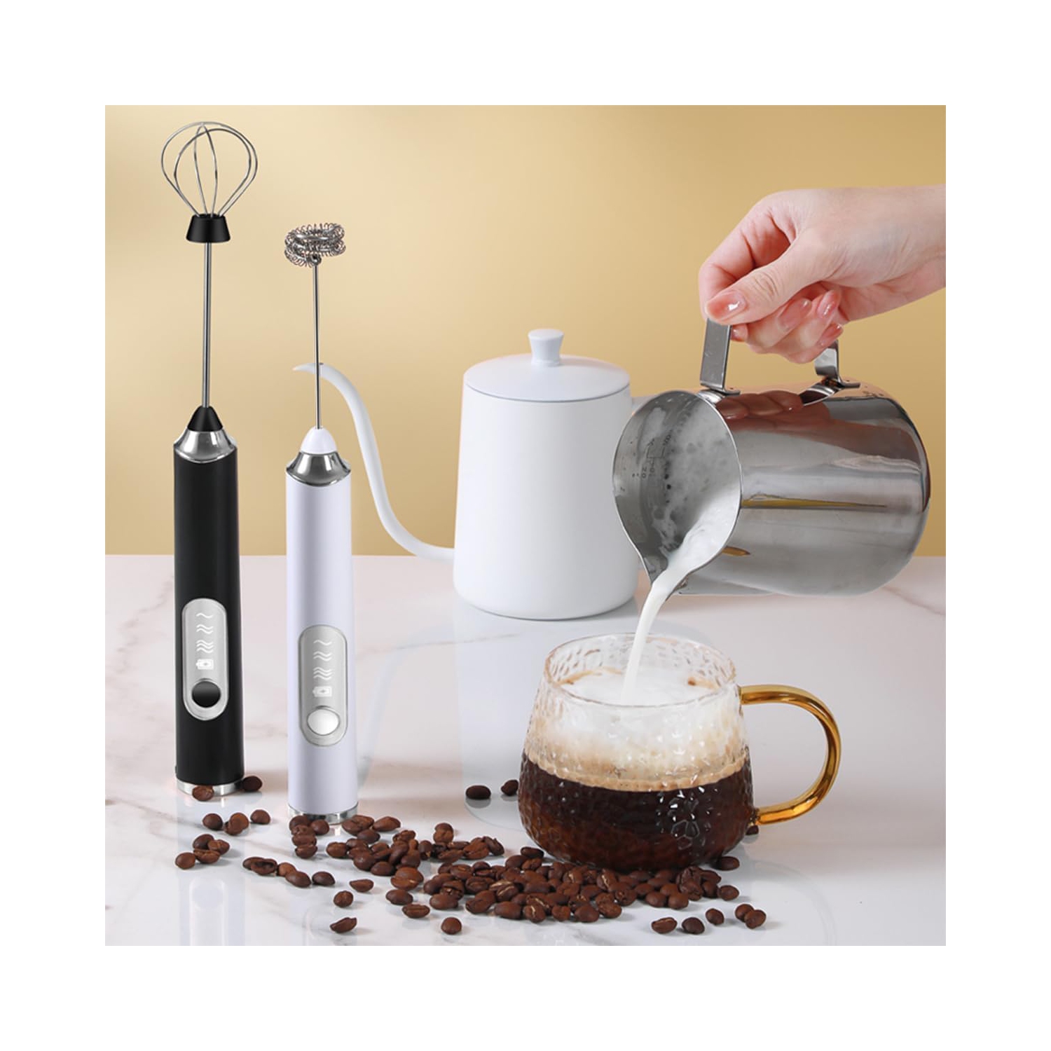 Moussoir à lait électrique à main avec 2 fouets en acier inoxydable 3 vitesses réglables, distributeur à lait électrique Whisk Foam Maker pour