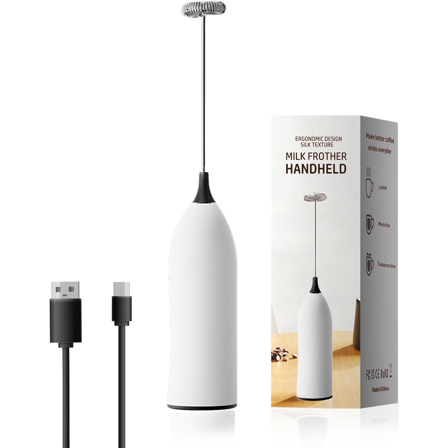 Mousseur à lait portatif, mousseur à lait rechargeable par USB, mousseur à lait portatif réglable pour le chocolat chaud, cappuccinos, laits frappés,