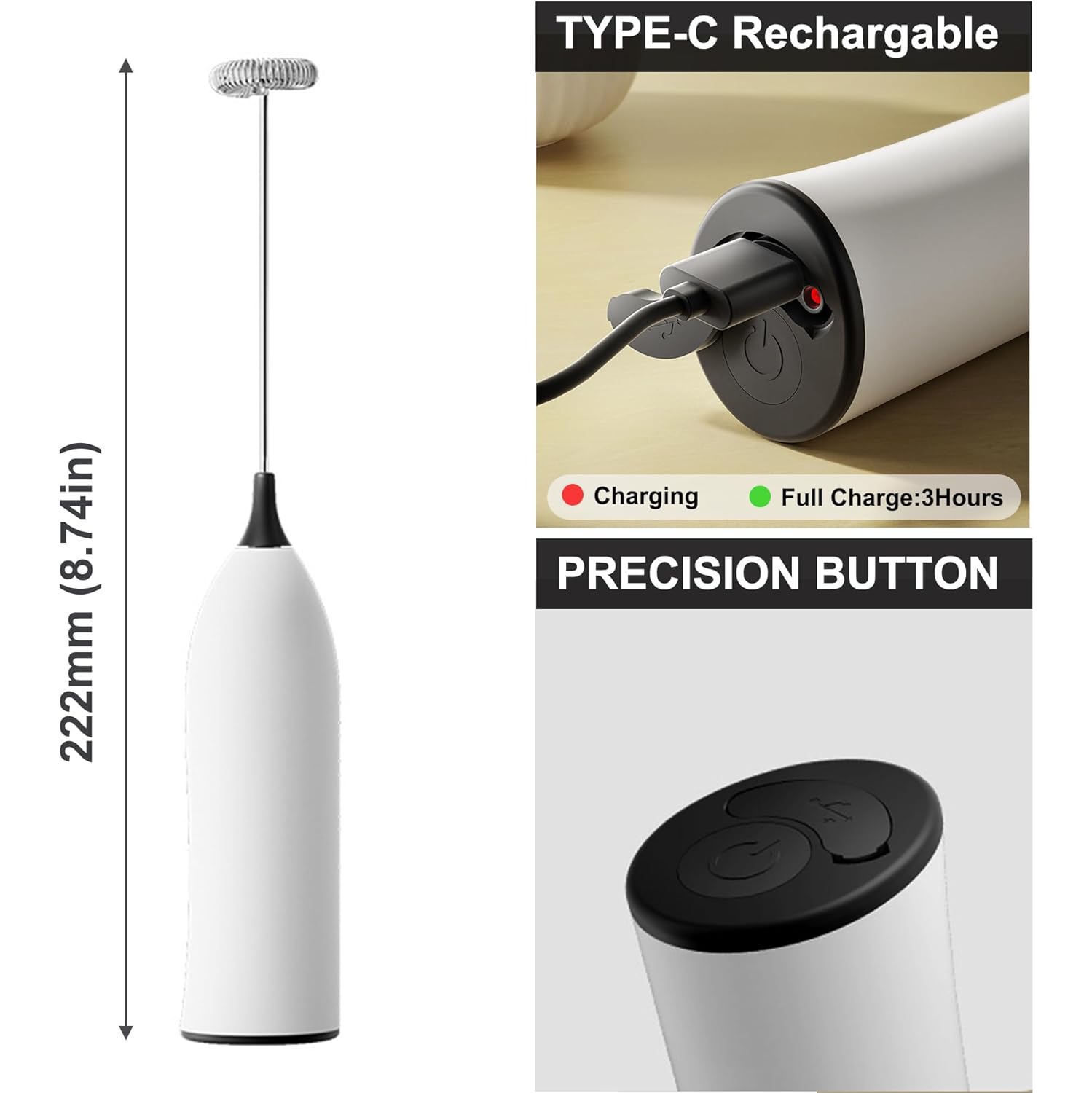 Mousseur à lait portatif, mousseur à lait rechargeable par USB, mousseur à lait portatif réglable pour le chocolat chaud, cappuccinos, laits frappés,