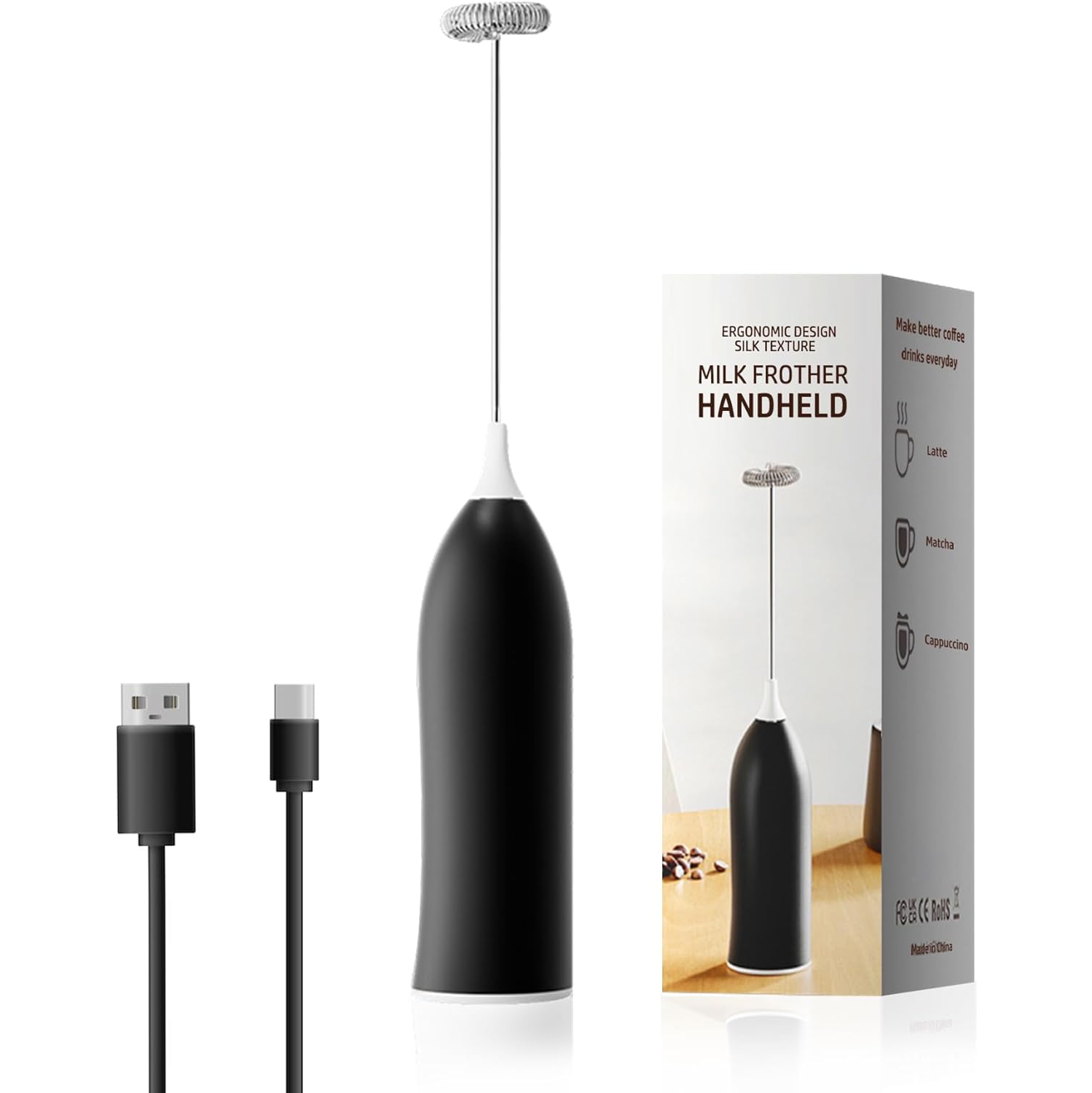 Handheld Milk Coffee Frother,USB-Rechargeable Hand Frother,Adjustable Handheld Milk Frother for Hot Chocolate, Cappuccinos, Milkshakes, Egg Mix,