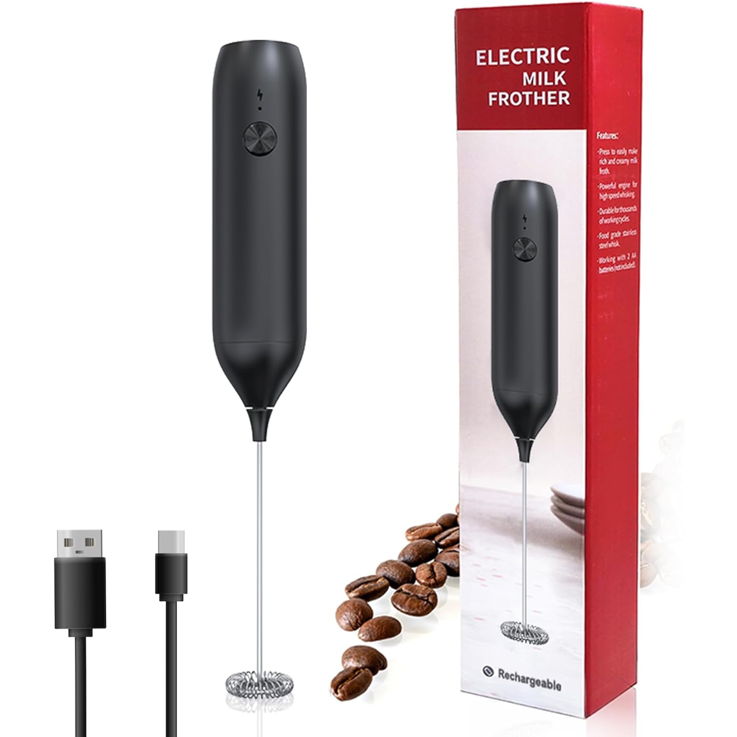 Mousseur à lait portatif, mousseur à lait rechargeable par USB, mousseur à lait portatif réglable pour le chocolat chaud, cappuccinos, laits frappés,