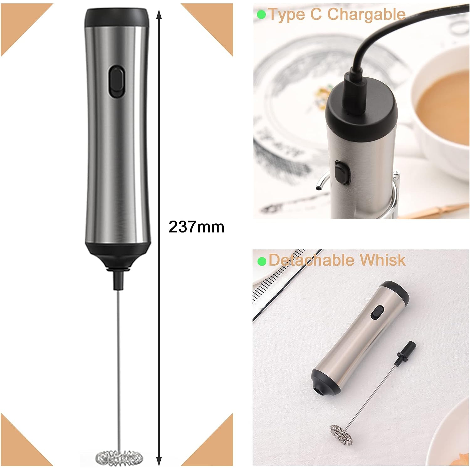 Handheld Milk Coffee Frother,USB-Rechargeable Hand Frother,Adjustable Handheld Milk Frother for Hot Chocolate, Cappuccinos, Milkshakes, Egg Mix,