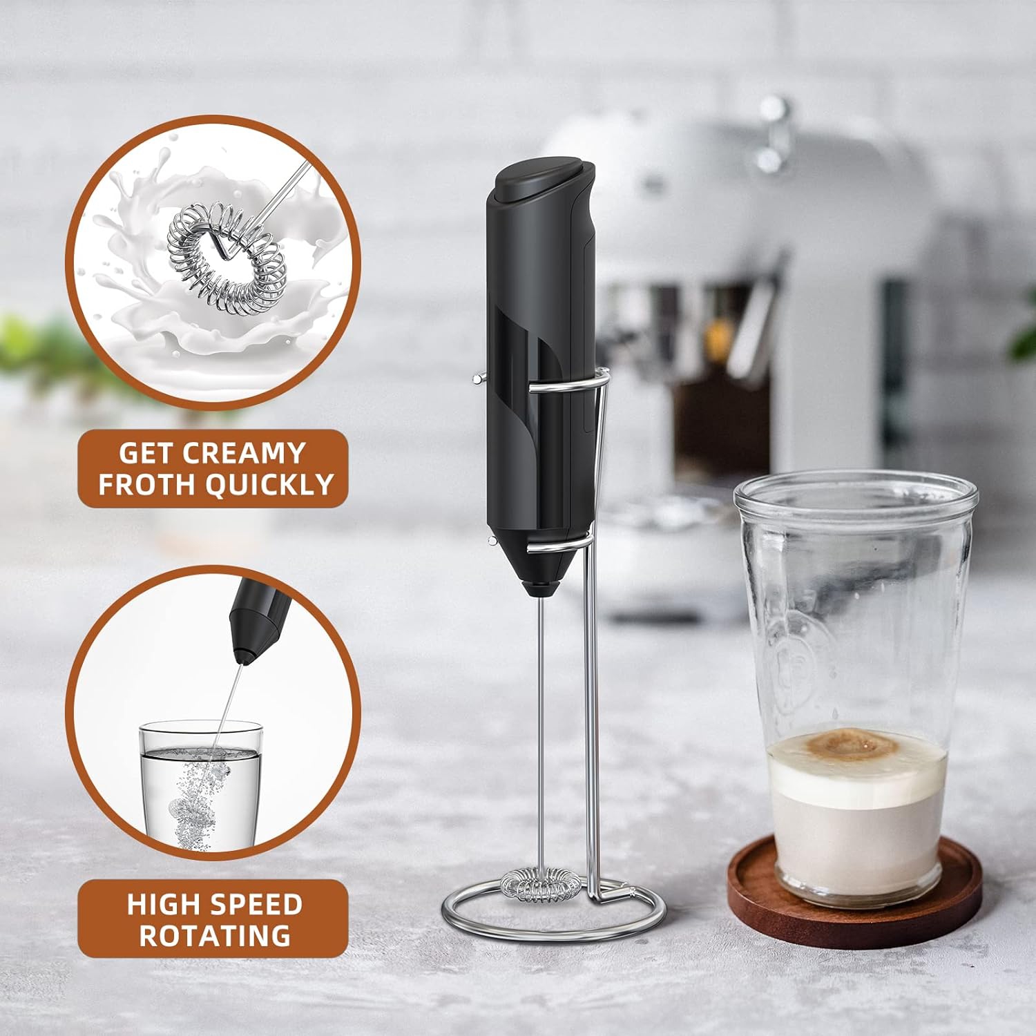 Milk Coffee Frother Handheld with Stand Drink Blender Stirrers Mixer Foamer Whisk Electric Mini for Cappuccino, Hot Chocolate, Lattes, Matcha