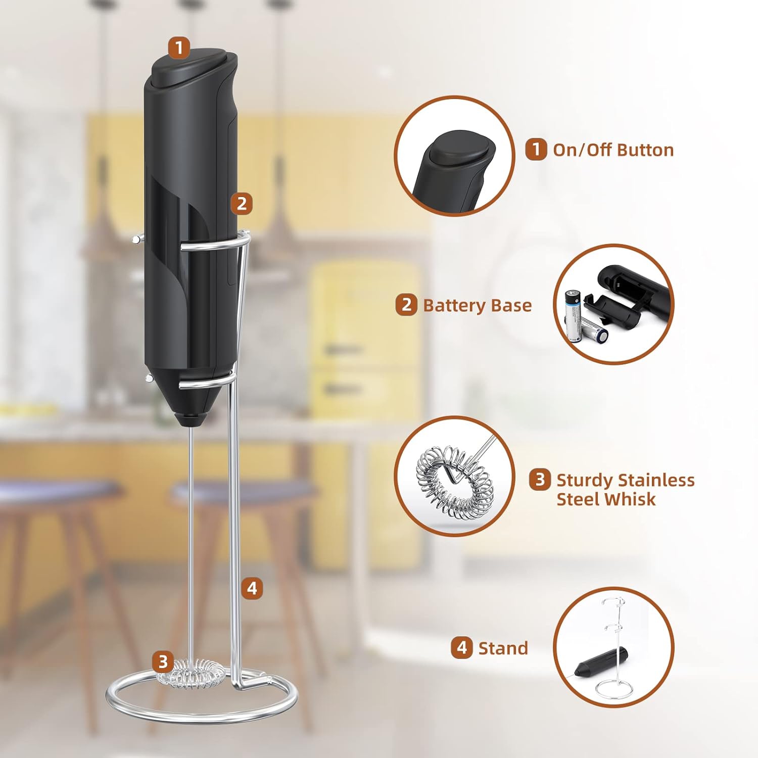 Milk Coffee Frother Handheld with Stand Drink Blender Stirrers Mixer Foamer Whisk Electric Mini for Cappuccino, Hot Chocolate, Lattes, Matcha