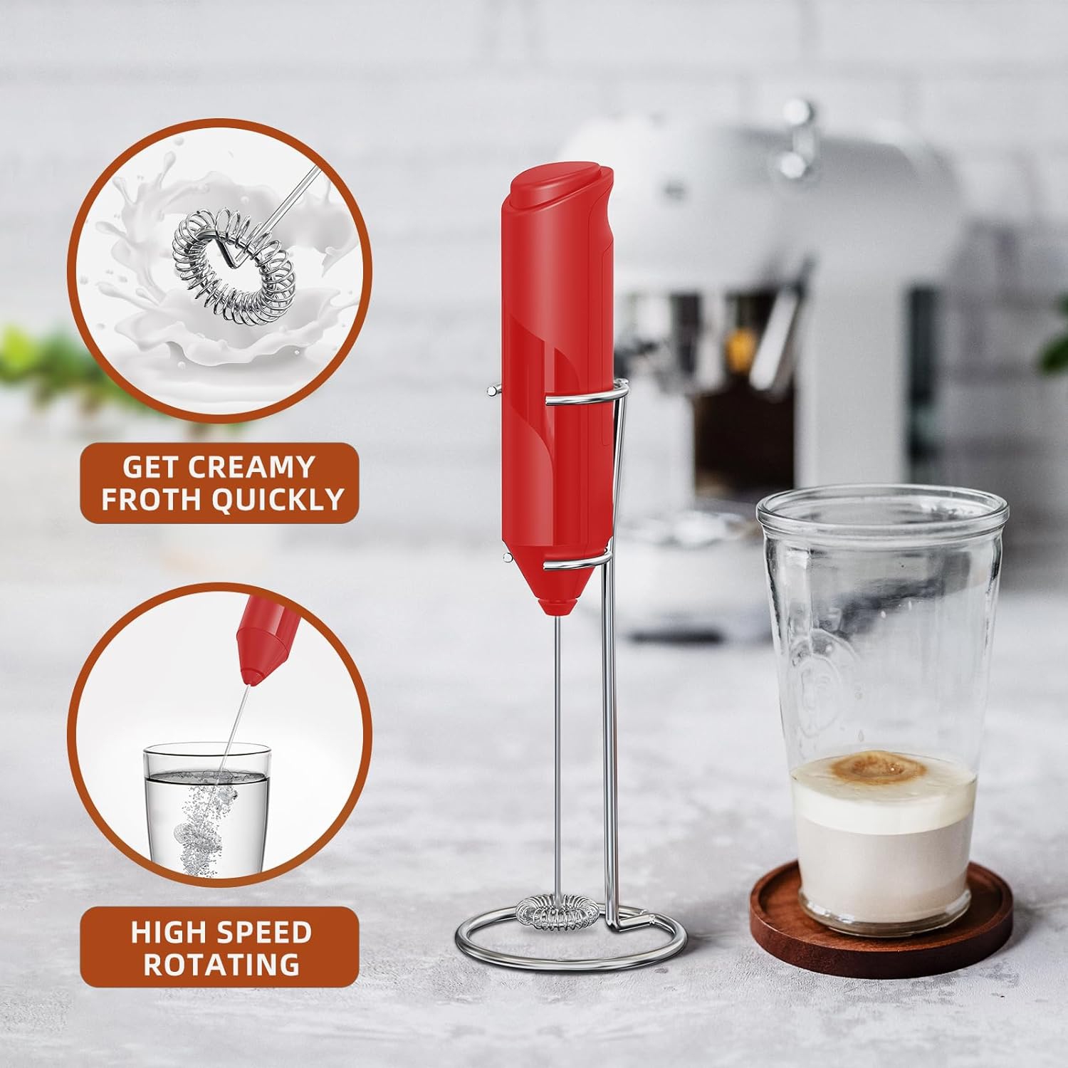 Milk Coffee Frother Handheld with Stand Drink Blender Stirrers Mixer Foamer Whisk Electric Mini for Cappuccino, Hot Chocolate, Lattes, Matcha