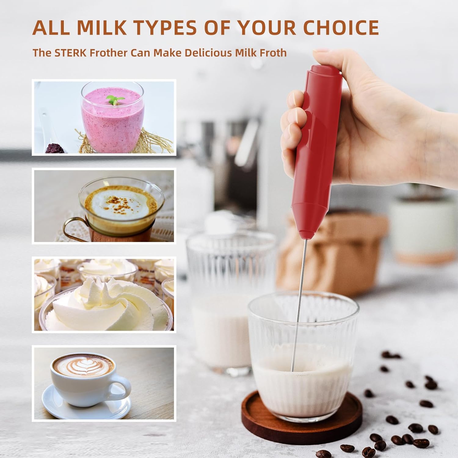 Milk Coffee Frother Handheld with Stand Drink Blender Stirrers Mixer Foamer Whisk Electric Mini for Cappuccino, Hot Chocolate, Lattes, Matcha
