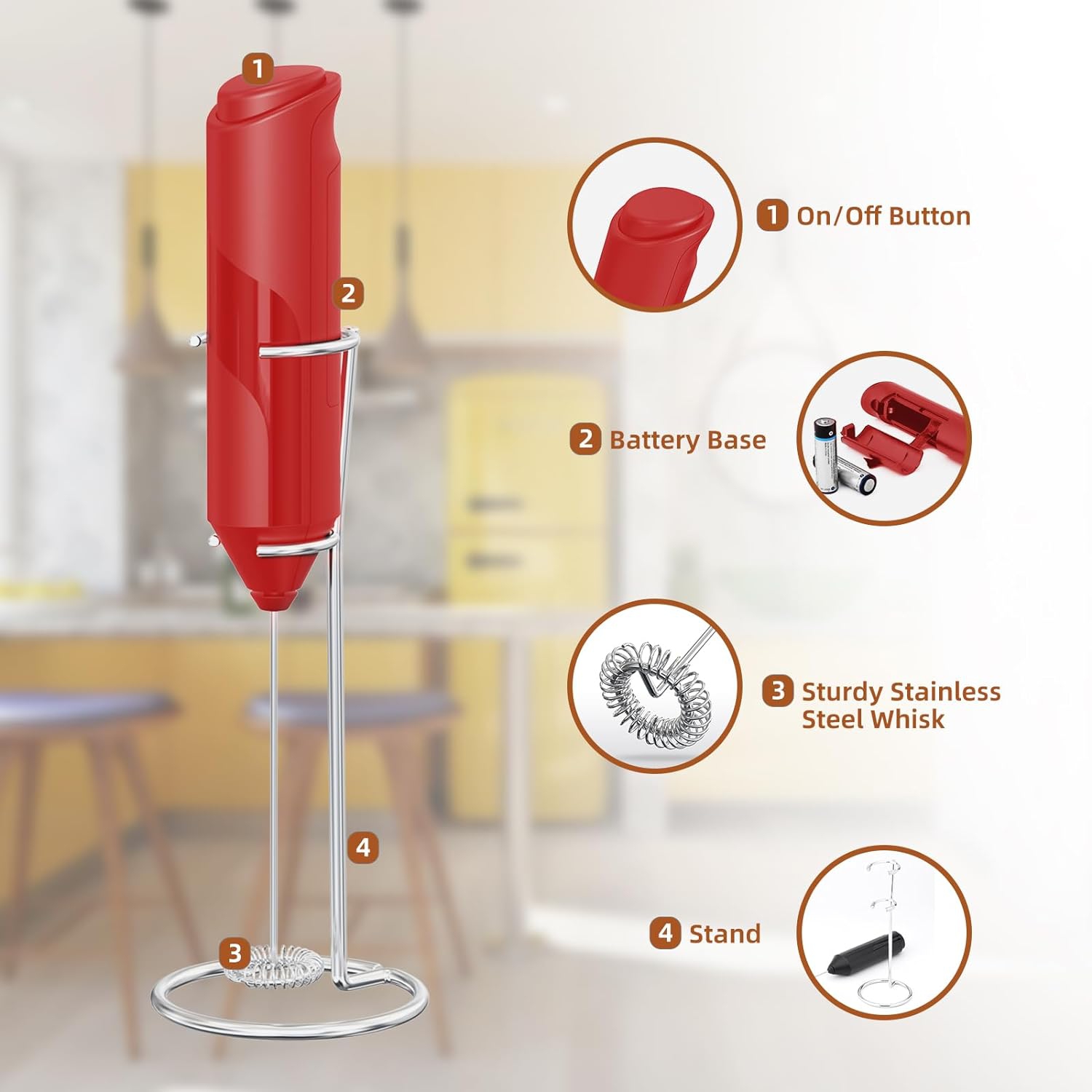 Milk Coffee Frother Handheld with Stand Drink Blender Stirrers Mixer Foamer Whisk Electric Mini for Cappuccino, Hot Chocolate, Lattes, Matcha