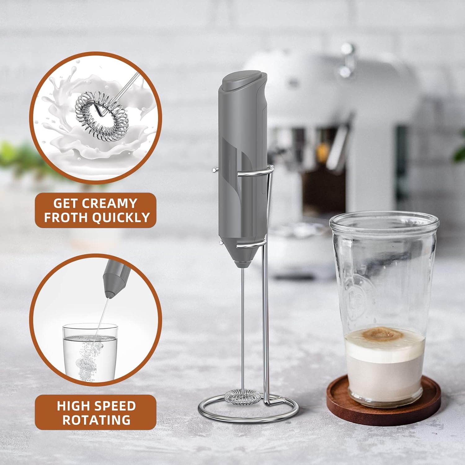 Milk Coffee Frother Handheld with Stand Drink Blender Stirrers Mixer Foamer Whisk Electric Mini for Cappuccino, Hot Chocolate, Lattes, Matcha