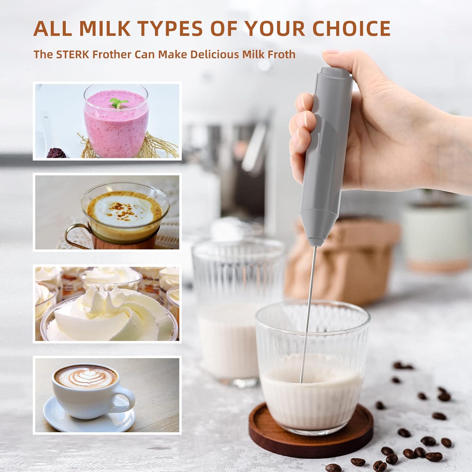 Milk Coffee Frother Handheld with Stand Drink Blender Stirrers Mixer Foamer Whisk Electric Mini for Cappuccino, Hot Chocolate, Lattes, Matcha