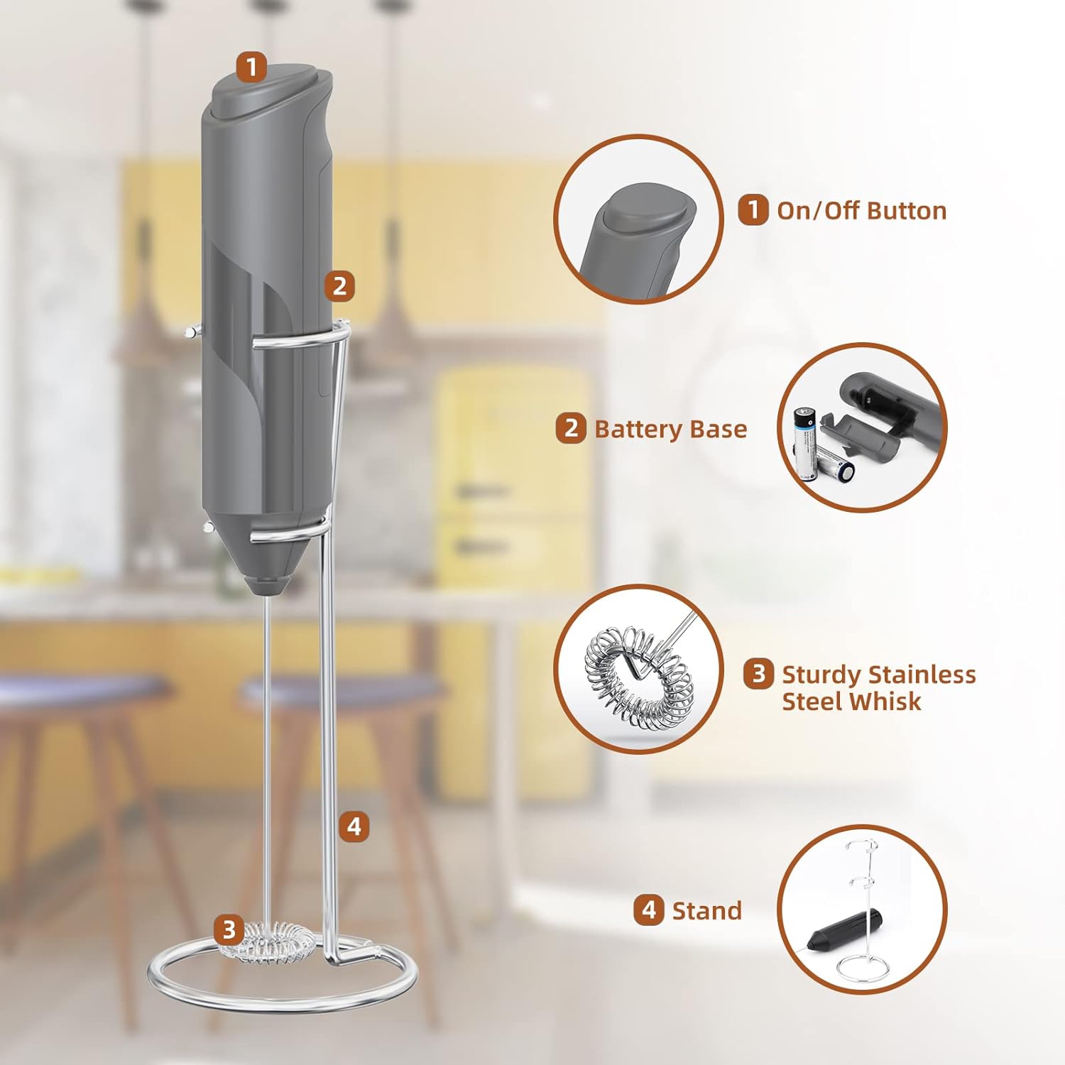 Milk Coffee Frother Handheld with Stand Drink Blender Stirrers Mixer Foamer Whisk Electric Mini for Cappuccino, Hot Chocolate, Lattes, Matcha