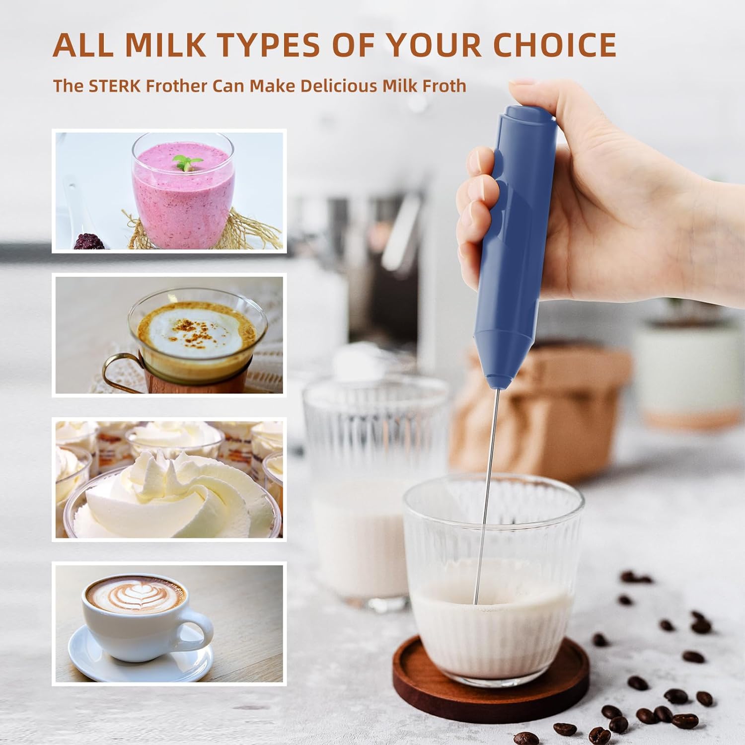 Milk Coffee Frother Handheld with Stand Drink Blender Stirrers Mixer Foamer Whisk Electric Mini for Cappuccino, Hot Chocolate, Lattes, Matcha