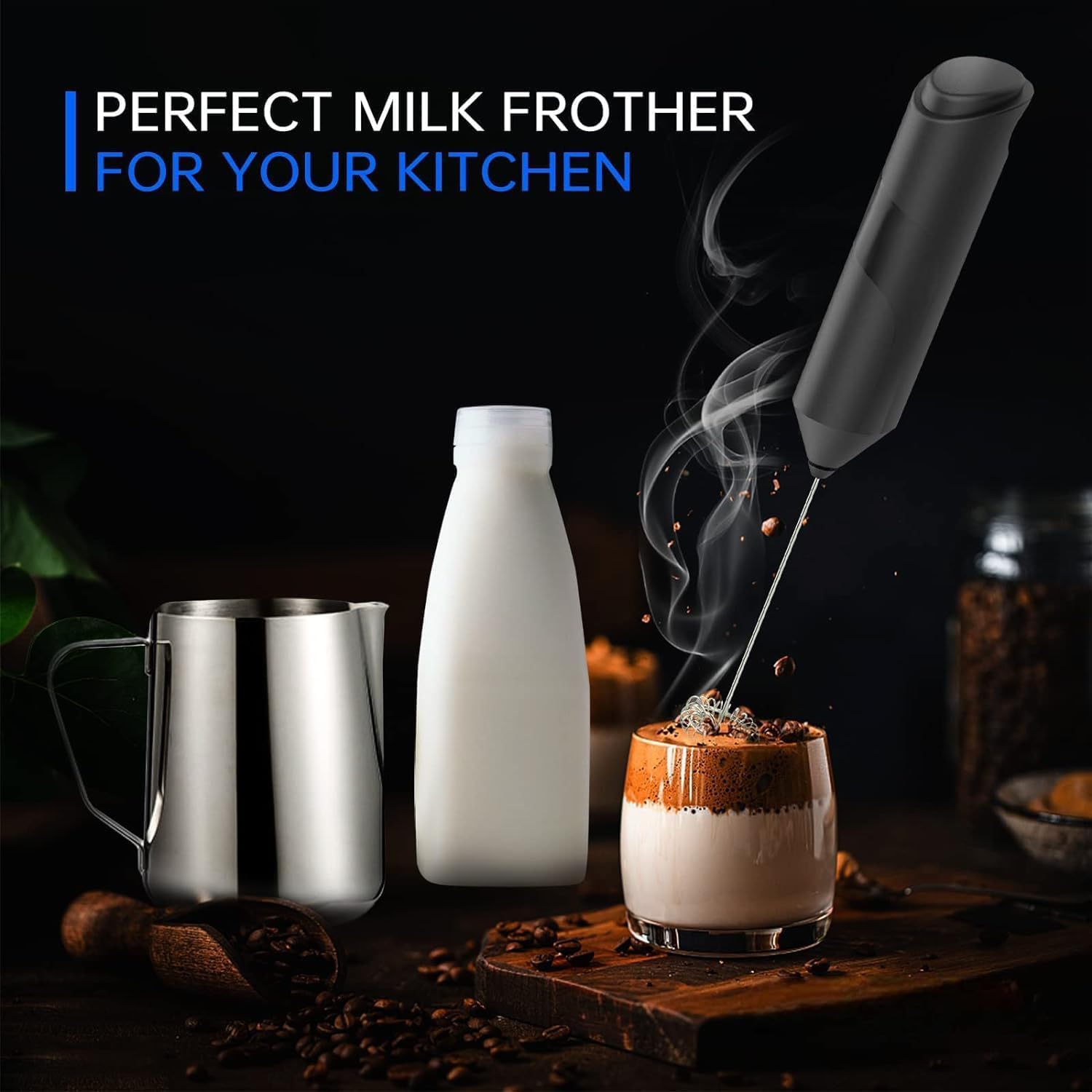 Milk Frothers Handheld Electric with High Power 14000 RPM Motor, Mixer with Food Grade Stainless Steel Stirring Head, Mini Foamer Whisk for Coffee,