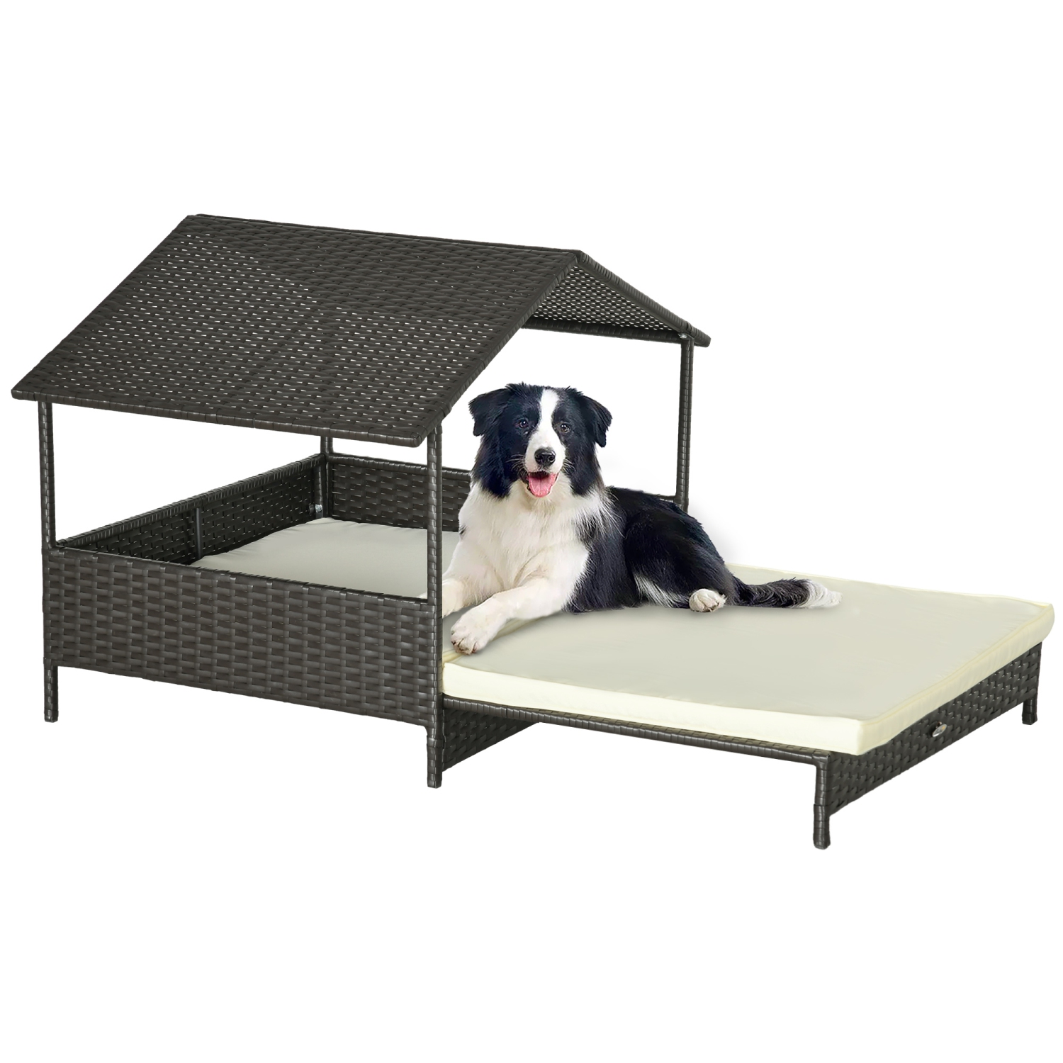 PawHut – Maison pour chiens en rotin surélevée avec auvent, lit pour chiens extensible en osier avec coussin résistant à l’eau, pour petit et moyen