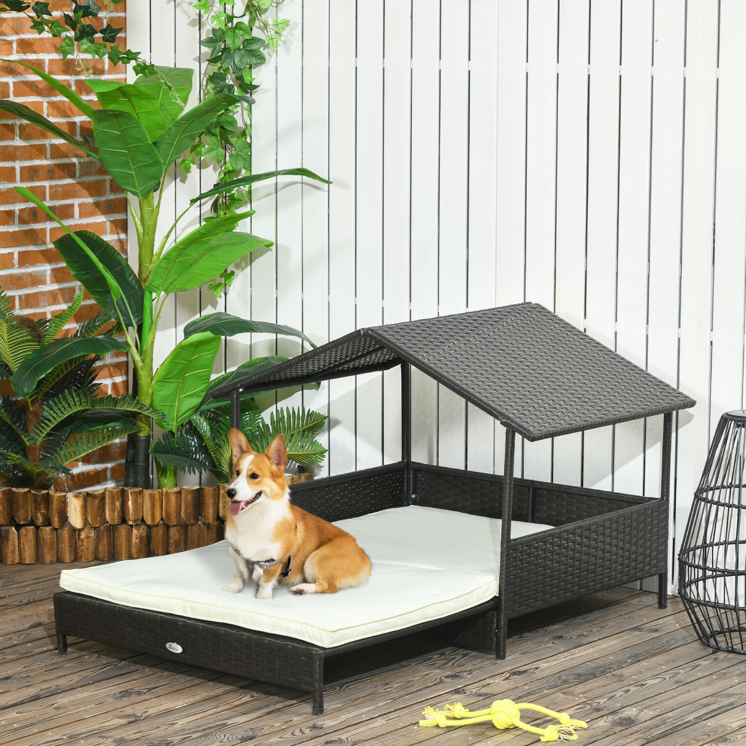 PawHut – Maison pour chiens en rotin surélevée avec auvent, lit pour chiens extensible en osier avec coussin résistant à l’eau, pour petit et moyen