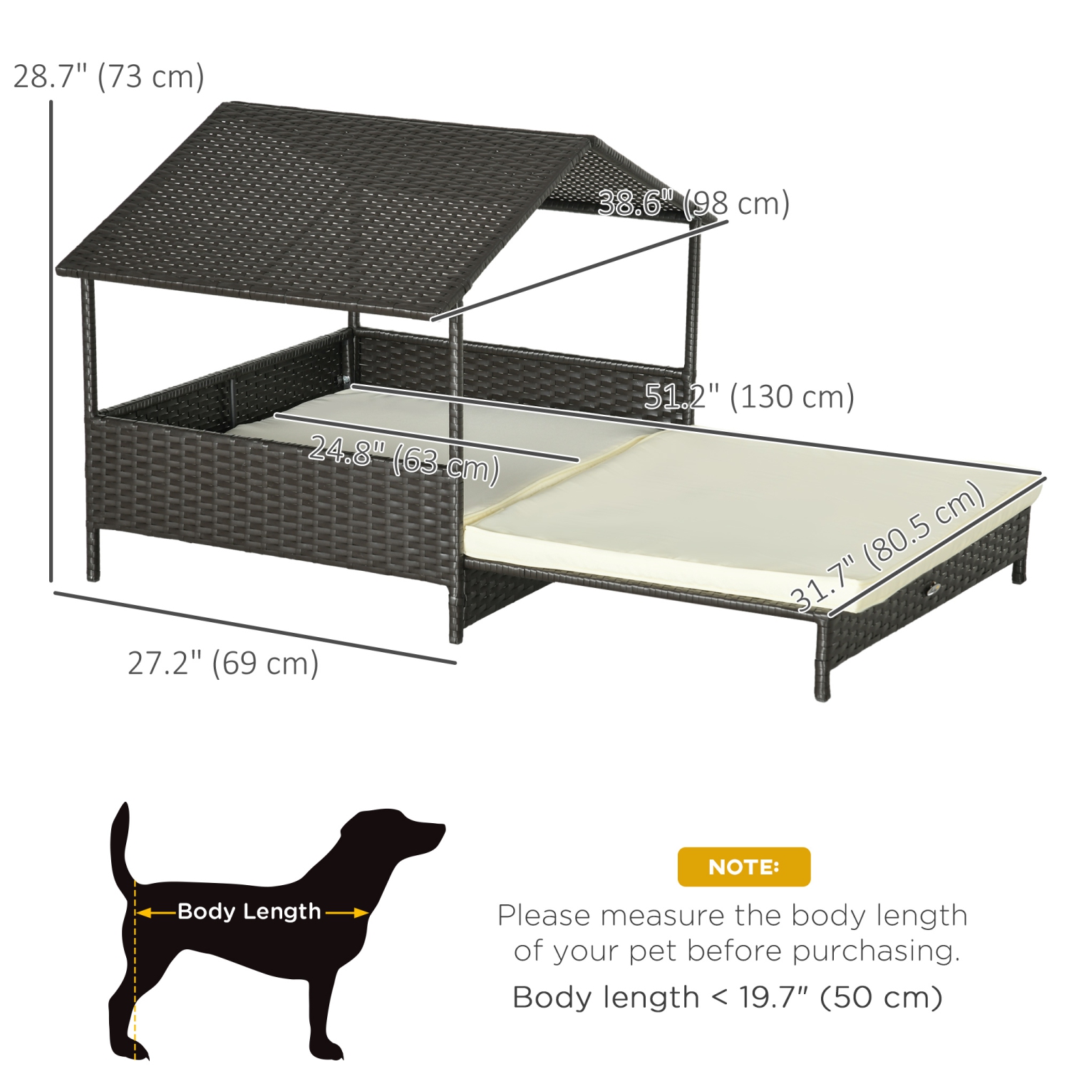 PawHut – Maison pour chiens en rotin surélevée avec auvent, lit pour chiens extensible en osier avec coussin résistant à l’eau, pour petit et moyen