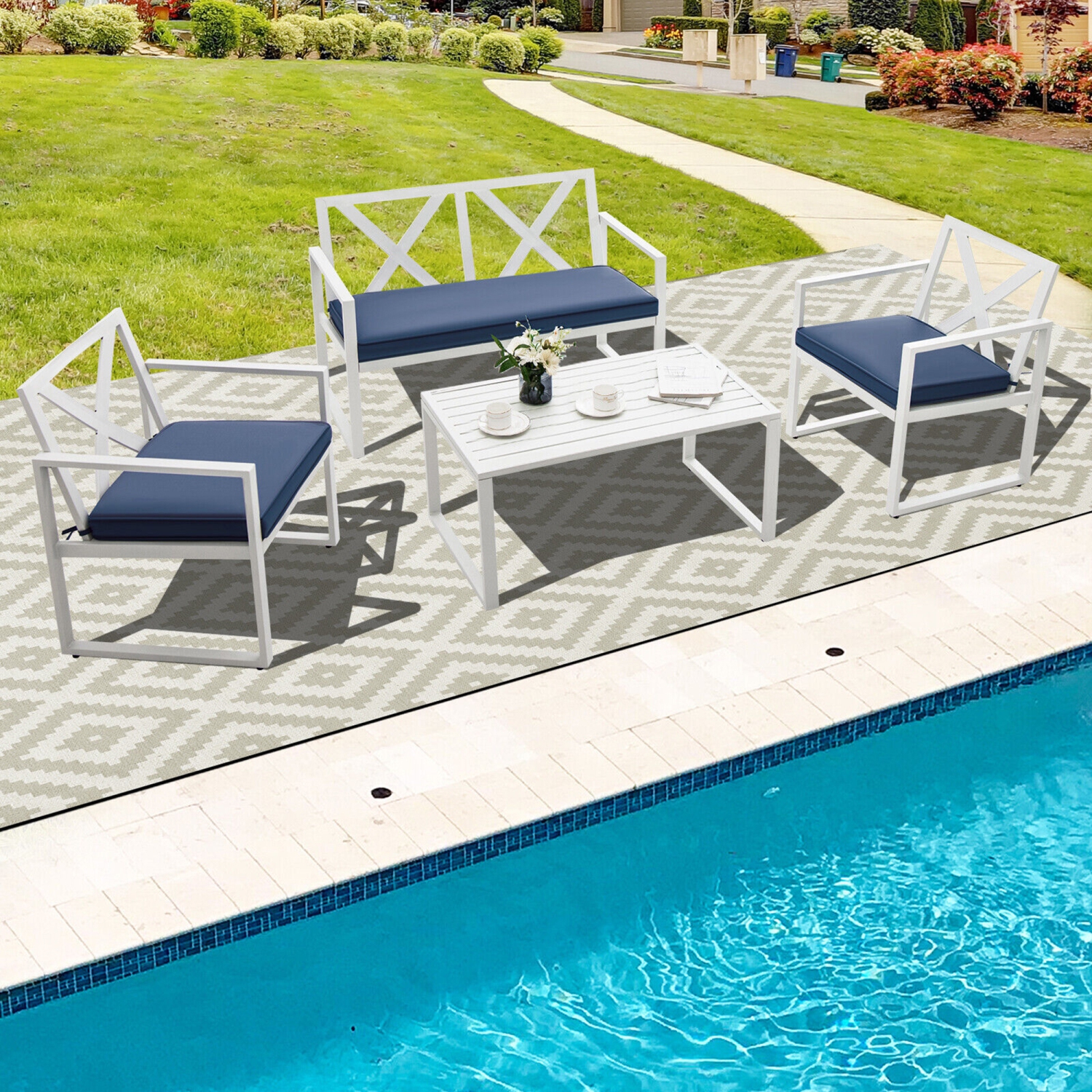 Gymax 4PCS Patio Furniture Set Outdoor Conversation Set Metal Frame w/ Navy Cushions