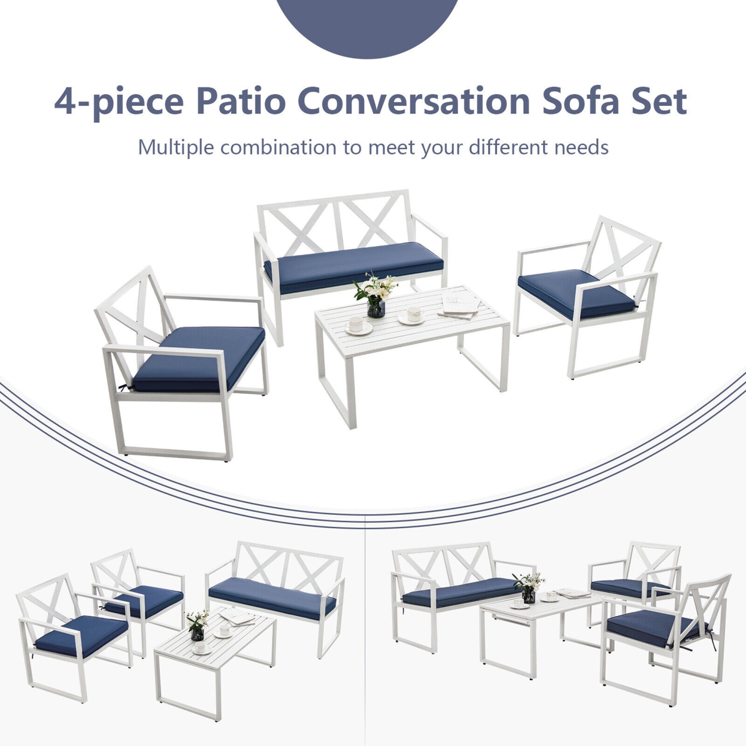Gymax 4PCS Patio Furniture Set Outdoor Conversation Set Metal Frame w/ Navy Cushions