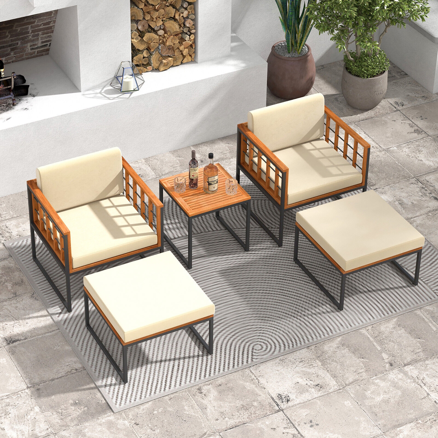 Gymax 5 PCS Acacia Wood Patio Furniture Set w/ Ottomans Soft Cushions & Coffee Table