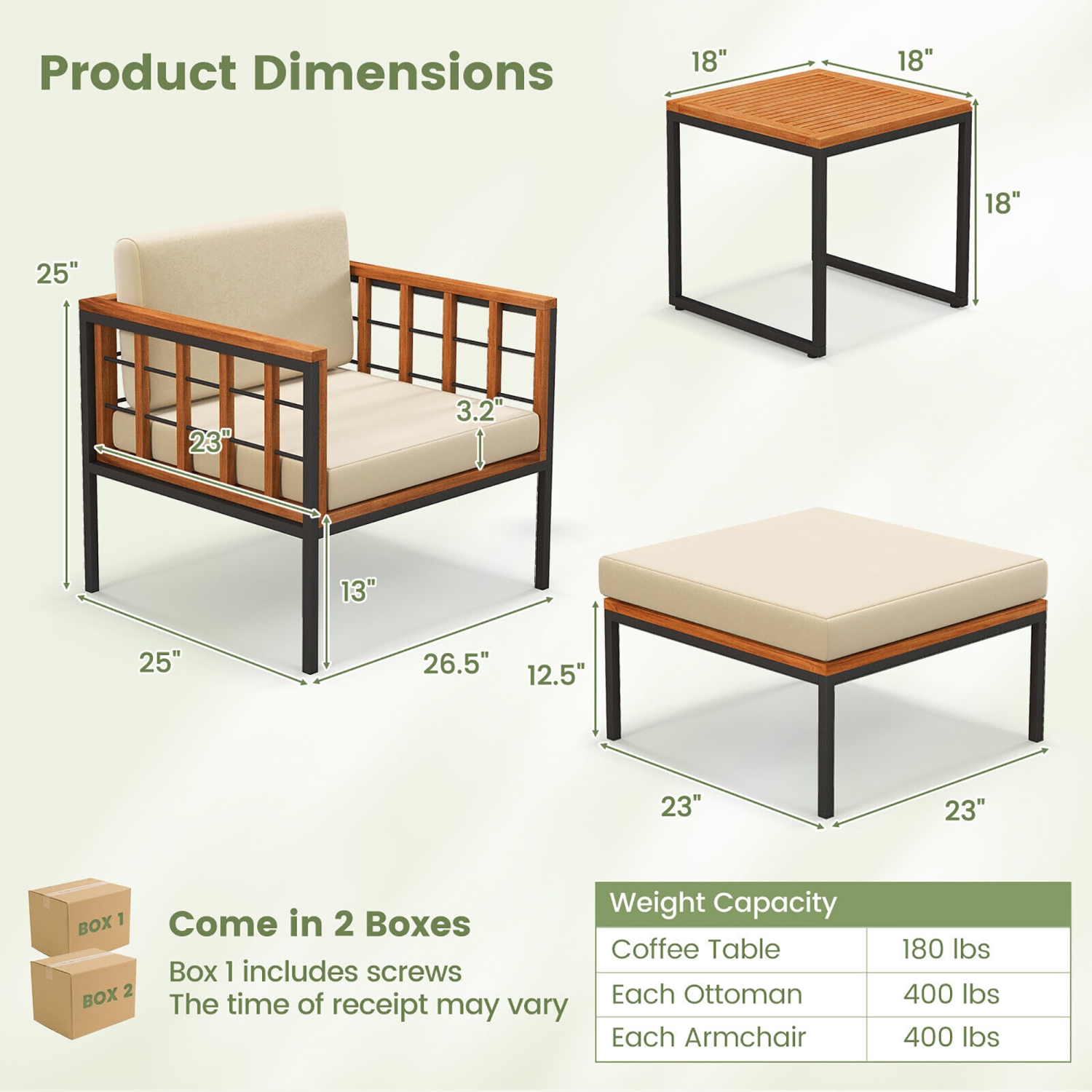 Gymax 5 PCS Acacia Wood Patio Furniture Set w/ Ottomans Soft Cushions & Coffee Table