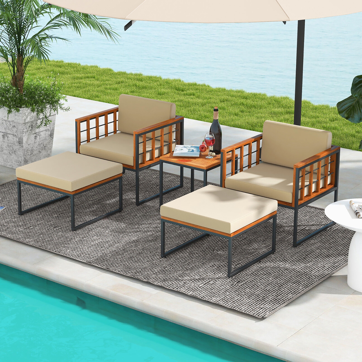 Gymax 5 PCS Acacia Wood Patio Furniture Set w/ Ottomans Soft Cushions & Coffee Table