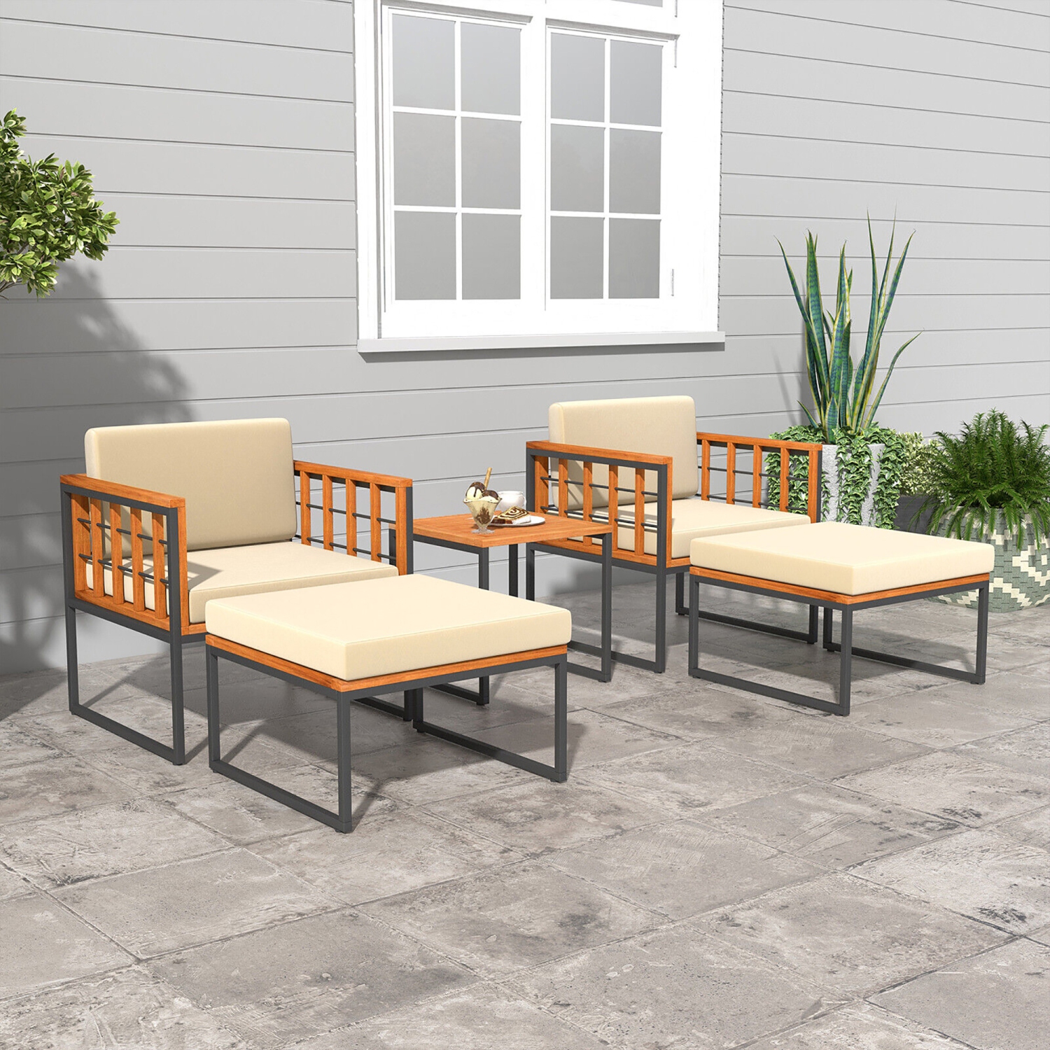 Gymax 5 PCS Acacia Wood Patio Furniture Set w/ Ottomans Soft Cushions & Coffee Table