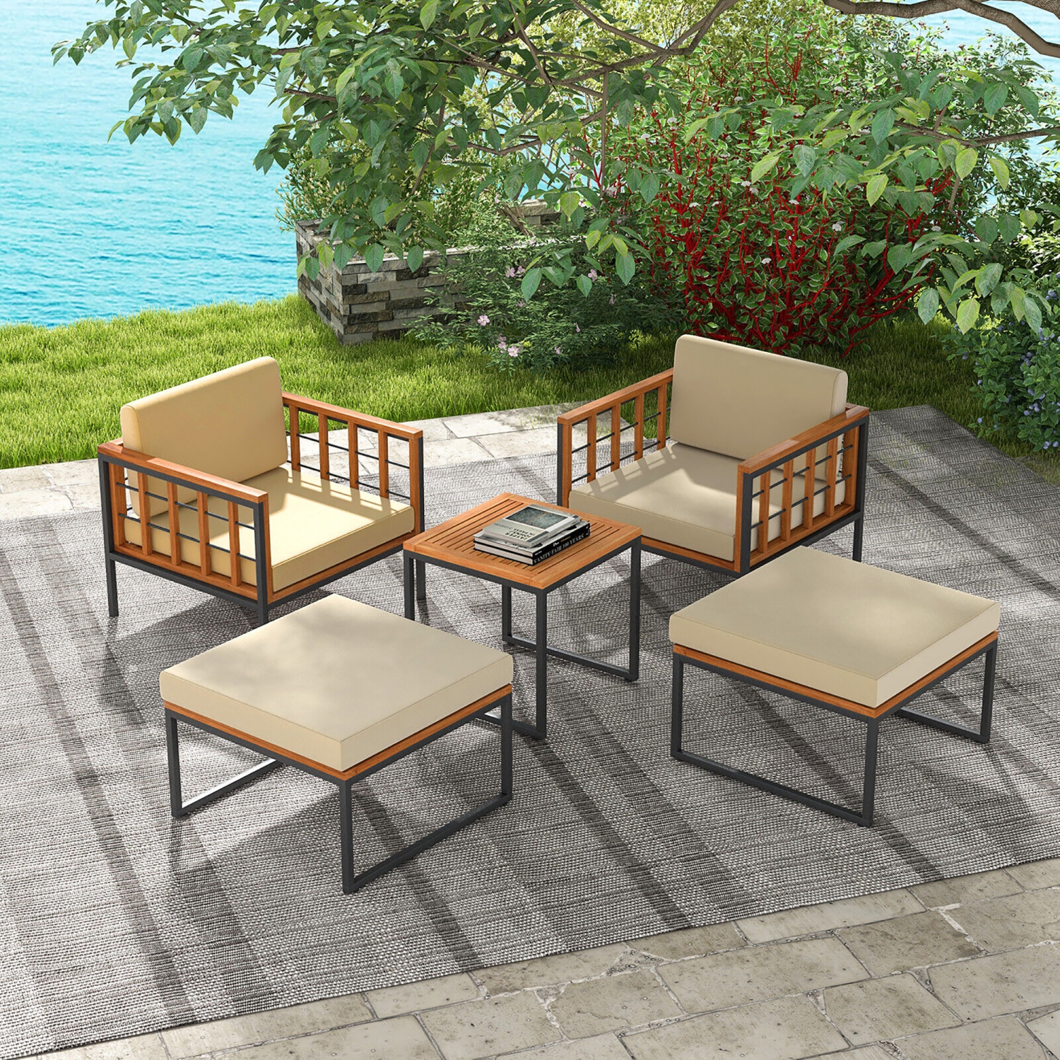 Gymax 5 PCS Acacia Wood Patio Furniture Set w/ Ottomans Soft Cushions & Coffee Table