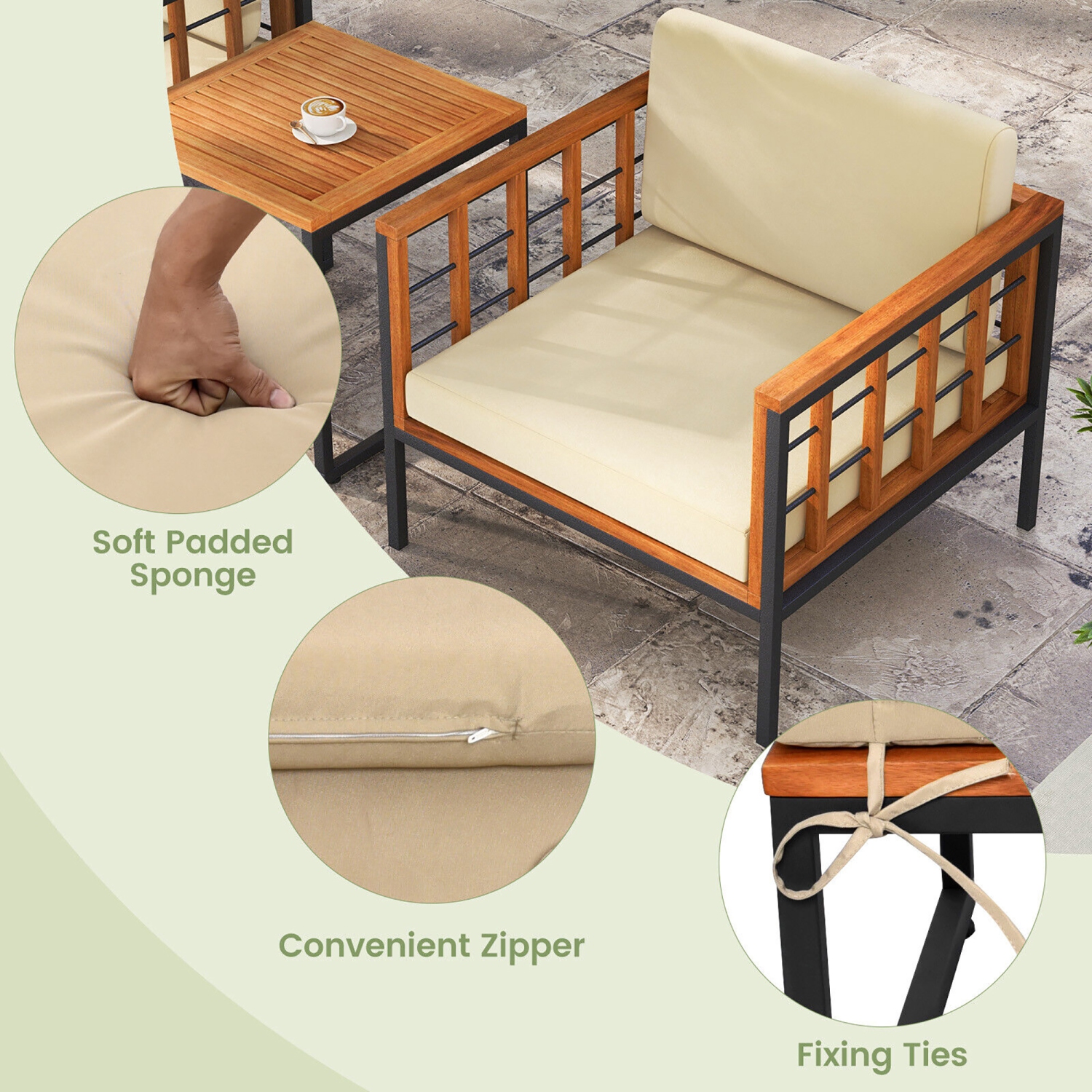 Gymax 5 PCS Acacia Wood Patio Furniture Set w/ Ottomans Soft Cushions & Coffee Table