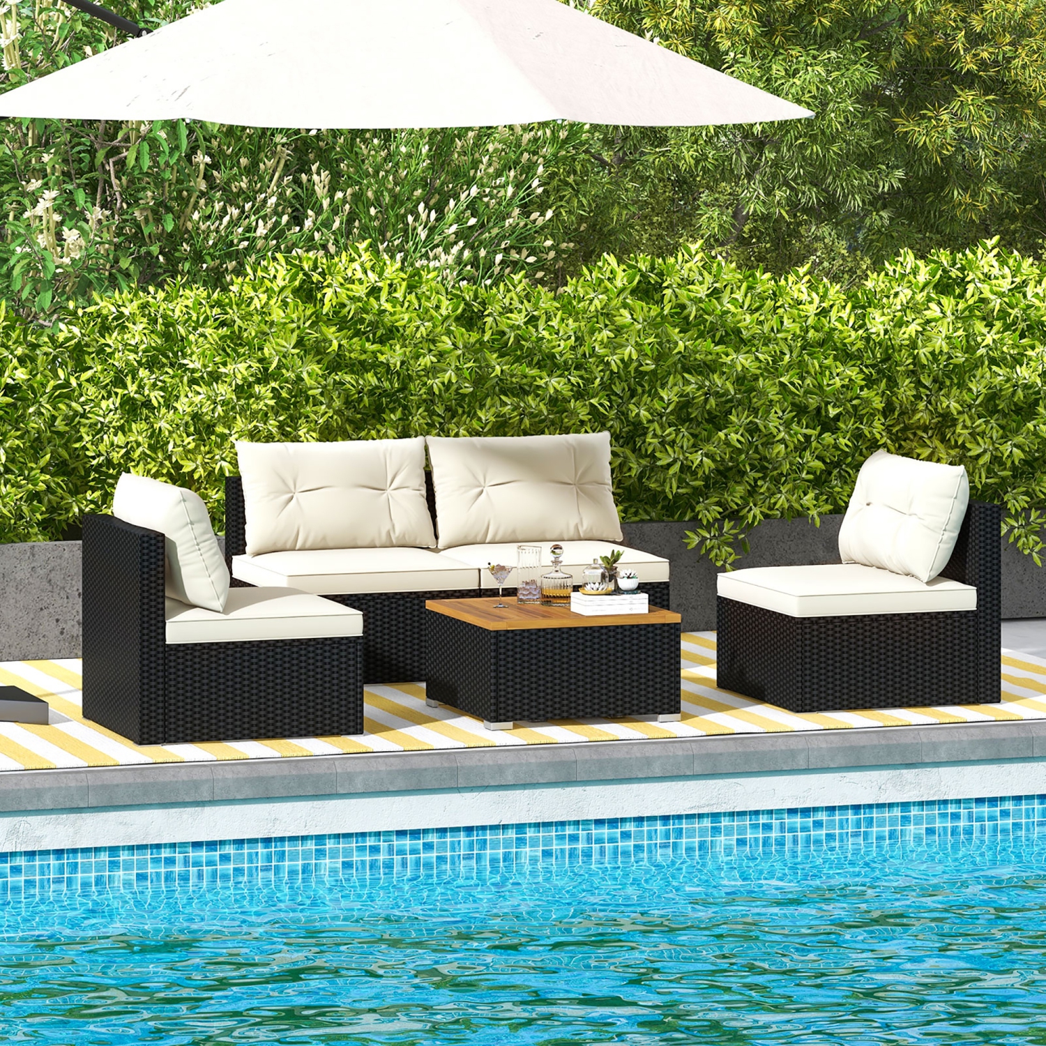 Gymax 5PCS Rattan Patio Conversation Sofa Set Outdoor Furniture Set w/ Off White Cushions
