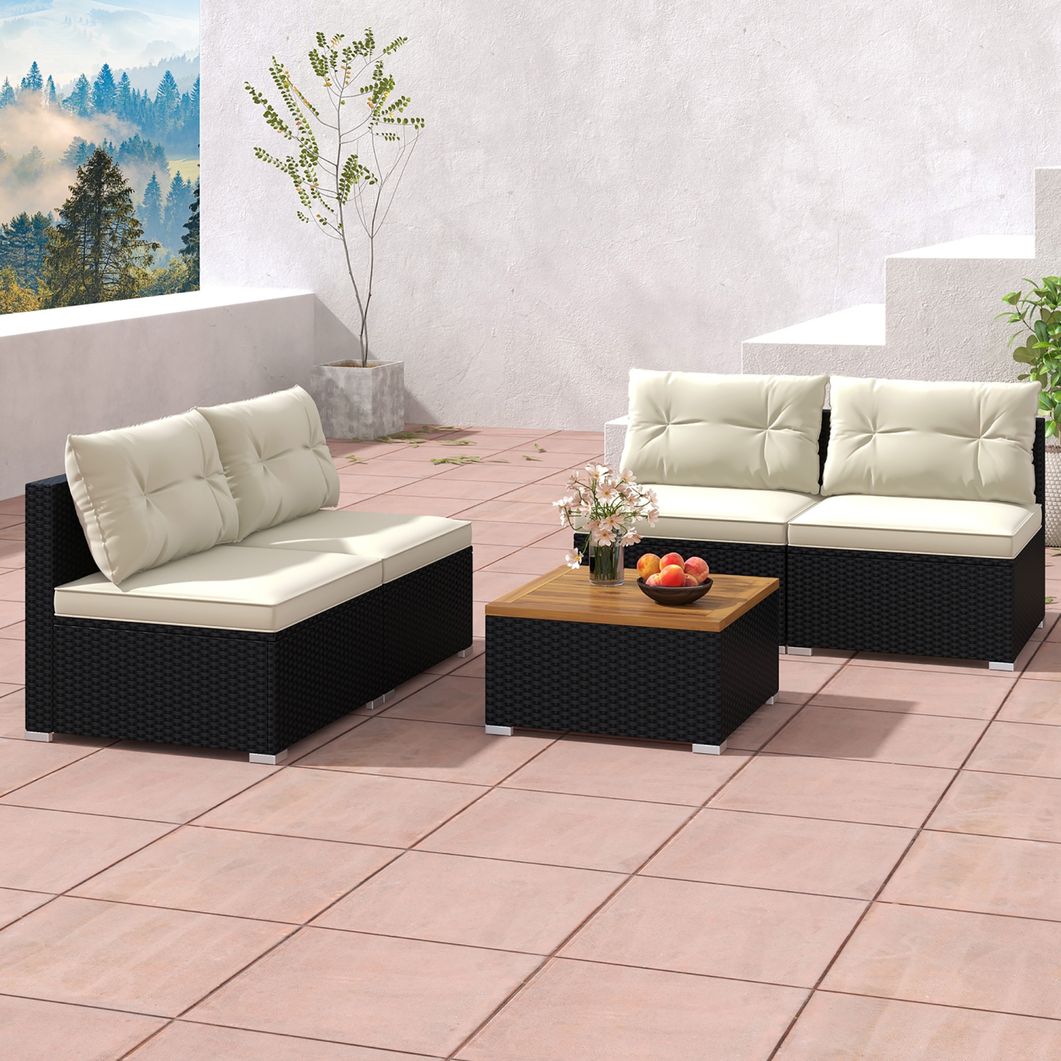 Gymax 5PCS Rattan Patio Conversation Sofa Set Outdoor Furniture Set w/ Off White Cushions