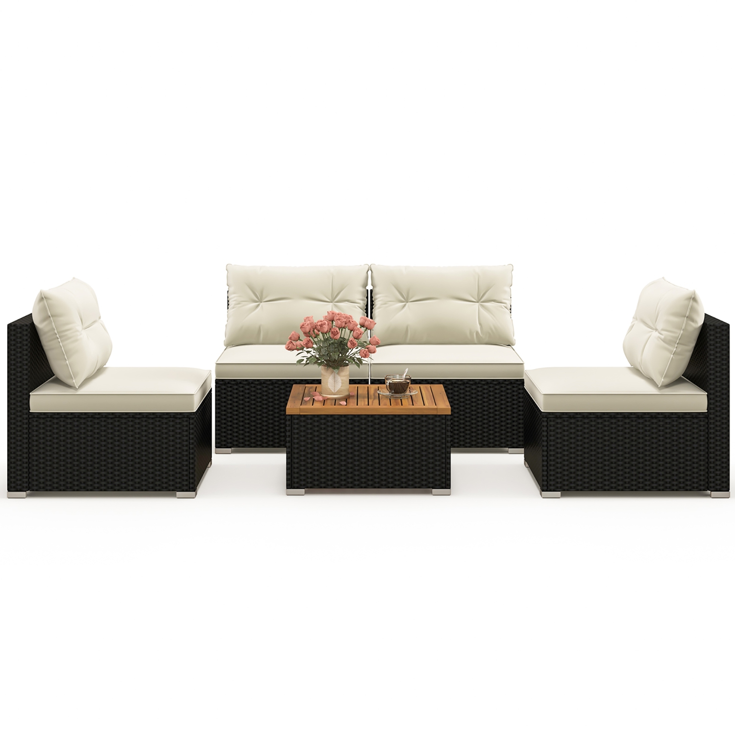 Gymax 5PCS Rattan Patio Conversation Sofa Set Outdoor Furniture Set w/ Off White Cushions