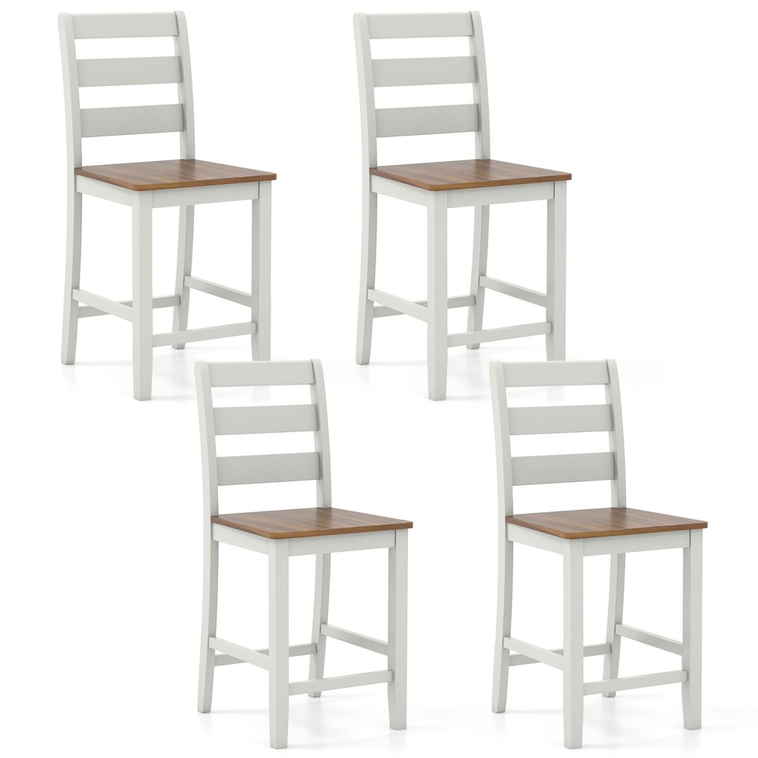 Gymax Set of 4 Counter Height Chairs w/ Inclined Backrest Rubber Wood Crossbars
