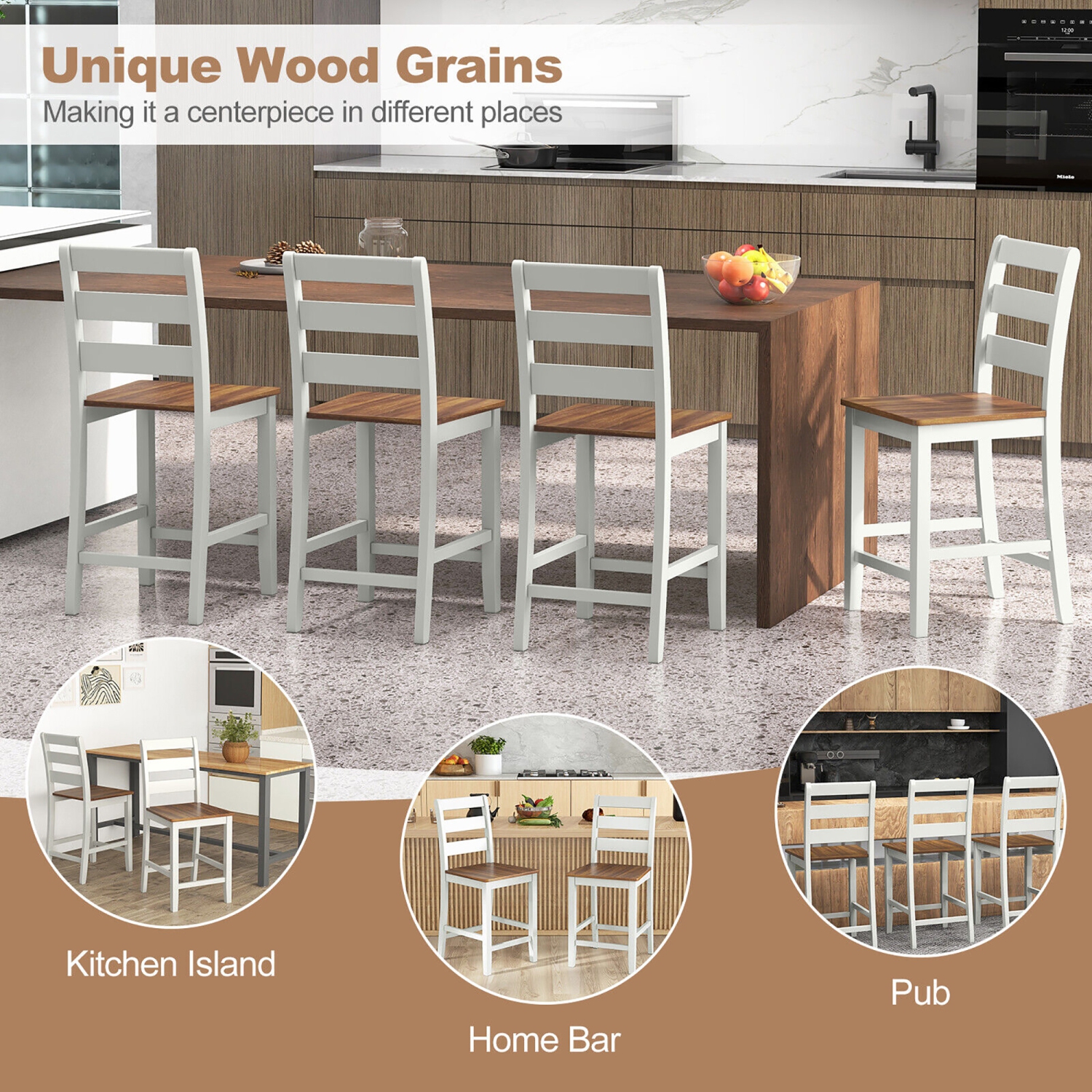 Gymax Set of 4 Counter Height Chairs w/ Inclined Backrest Rubber Wood Crossbars