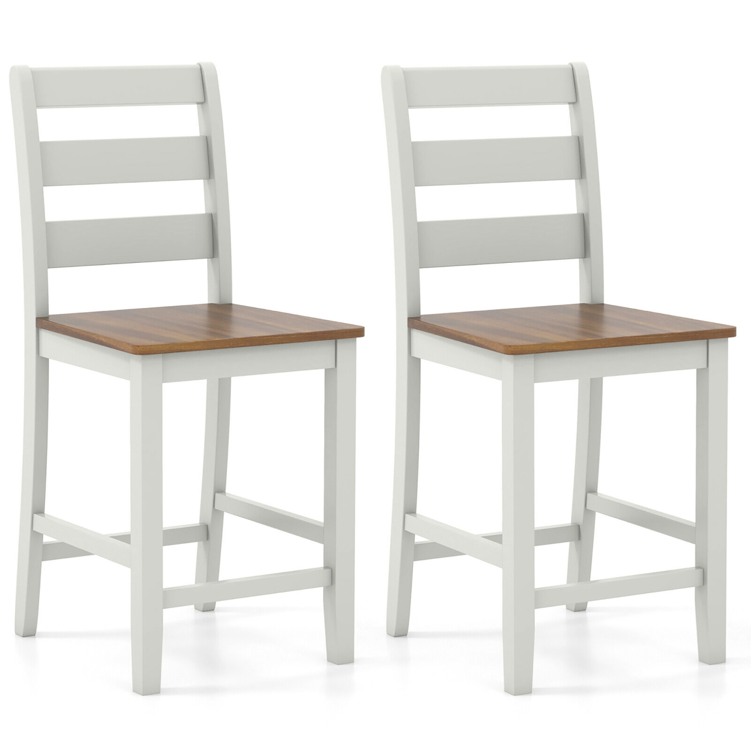 Gymax Set of 2 Counter Height Chairs w/ Inclined Backrest Rubber Wood Crossbars