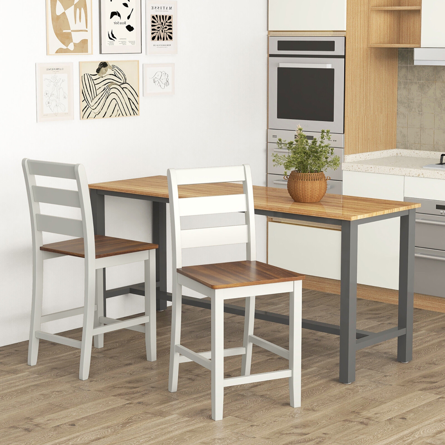 Gymax Set of 2 Counter Height Chairs w/ Inclined Backrest Rubber Wood Crossbars