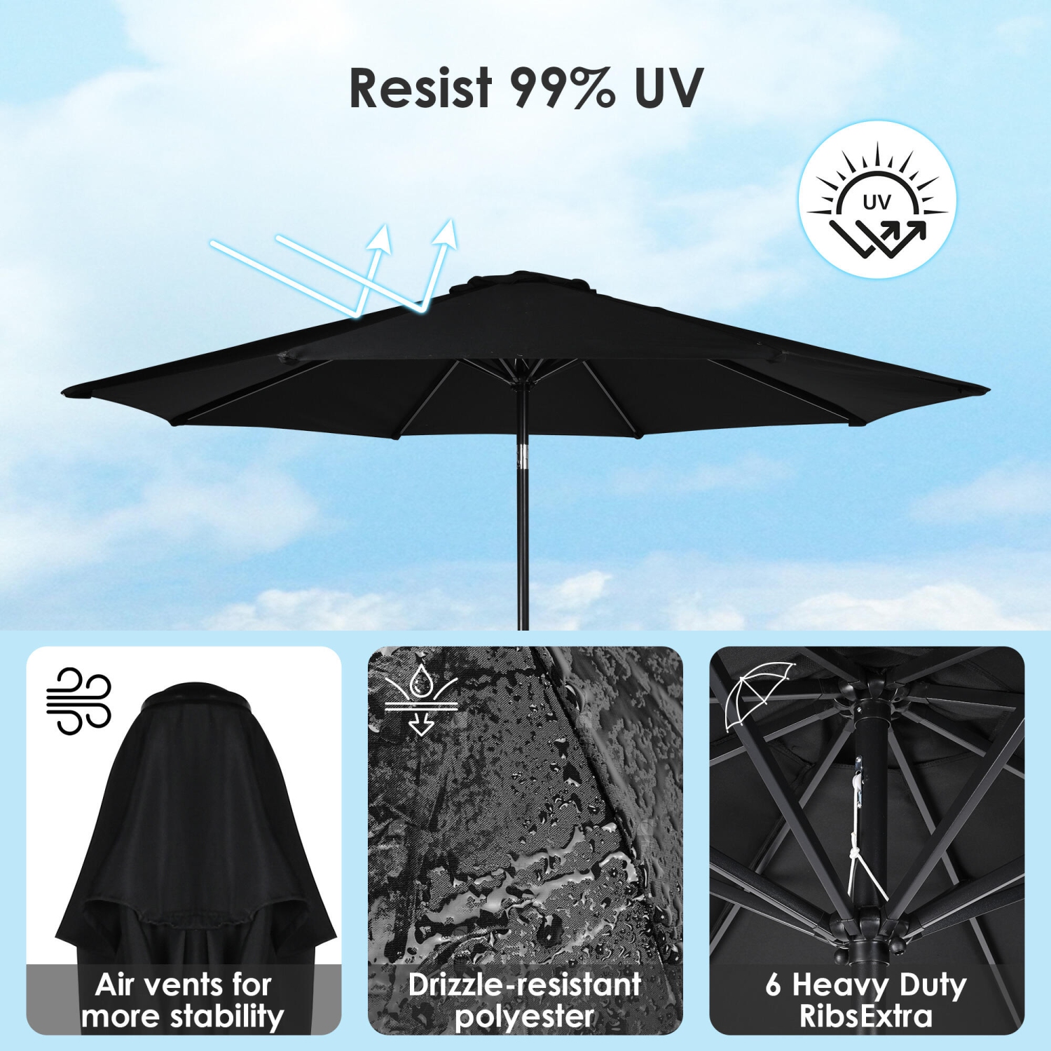 Parasol de patio de 9ft pi inclinable à 30° et centré parasol parasol parasol parasol parasol parasol parasol parasol parasol de table avec 8 tiges -